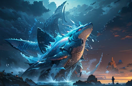 a giant mythical sea creature koi fish, massive body covered in shimmering scales, gracefully swimming in the mysterious deep ocean, occasionally leaping out of the crashing waves, surrounded by auspicious clouds and immortal mists, elegant and mysterious movements, interacting with yin-yang and bagua patterns, best quality,4k,8k,highres,masterpiece:1.2,ultra-detailed,realistic,photorealistic,photo-realistic:1.37,HDR,UHD,studio lighting,ultra-fine painting,sharp focus,physically-based rendering,extreme detail description,professional,vivid colors,bokeh,fantasy,mythology,surreal,cinematic lighting