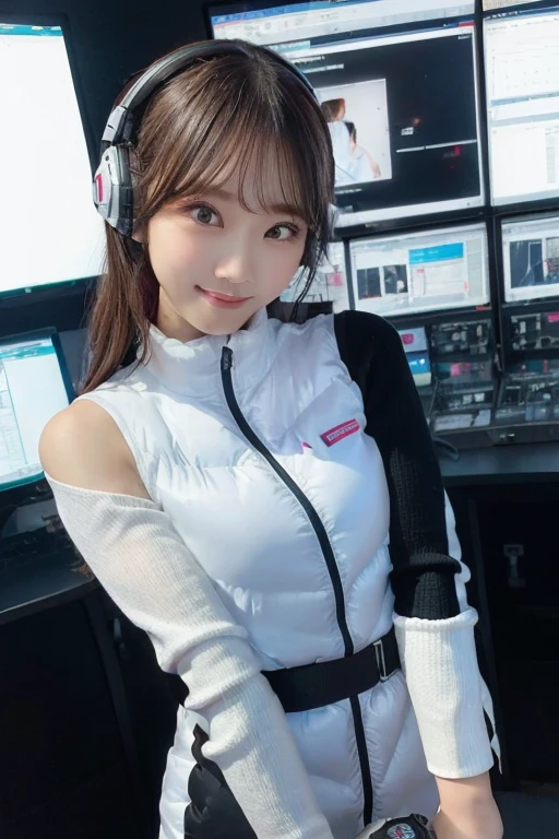 An innocent 20-year-old girl、((White tank top, Dramatic Pose)),smile,BREAK (Spacecraft control room background):2,、BREAK RAW Photos, (8k、highest quality、masterpiece:1.2)、(Intricate details:1.4)、(Photorealistic:1.4)、Octane Rendering、Complex 3D rendering with ultra-detail, Studio Soft Light, Rim Light, Vivid details, Super Detail, Realistic skin texture, Detailed aspect, Beautiful details in the eyes, Highly detailed CG Unity 16k wallpaper, compensate, (Detailed Background:1.2), Glowing Skin, whole body、(astrovest):2,(black long sleeves):5,headphone,smartwatch,((Standing with hands behind back、Leaning forward、Angle from above))