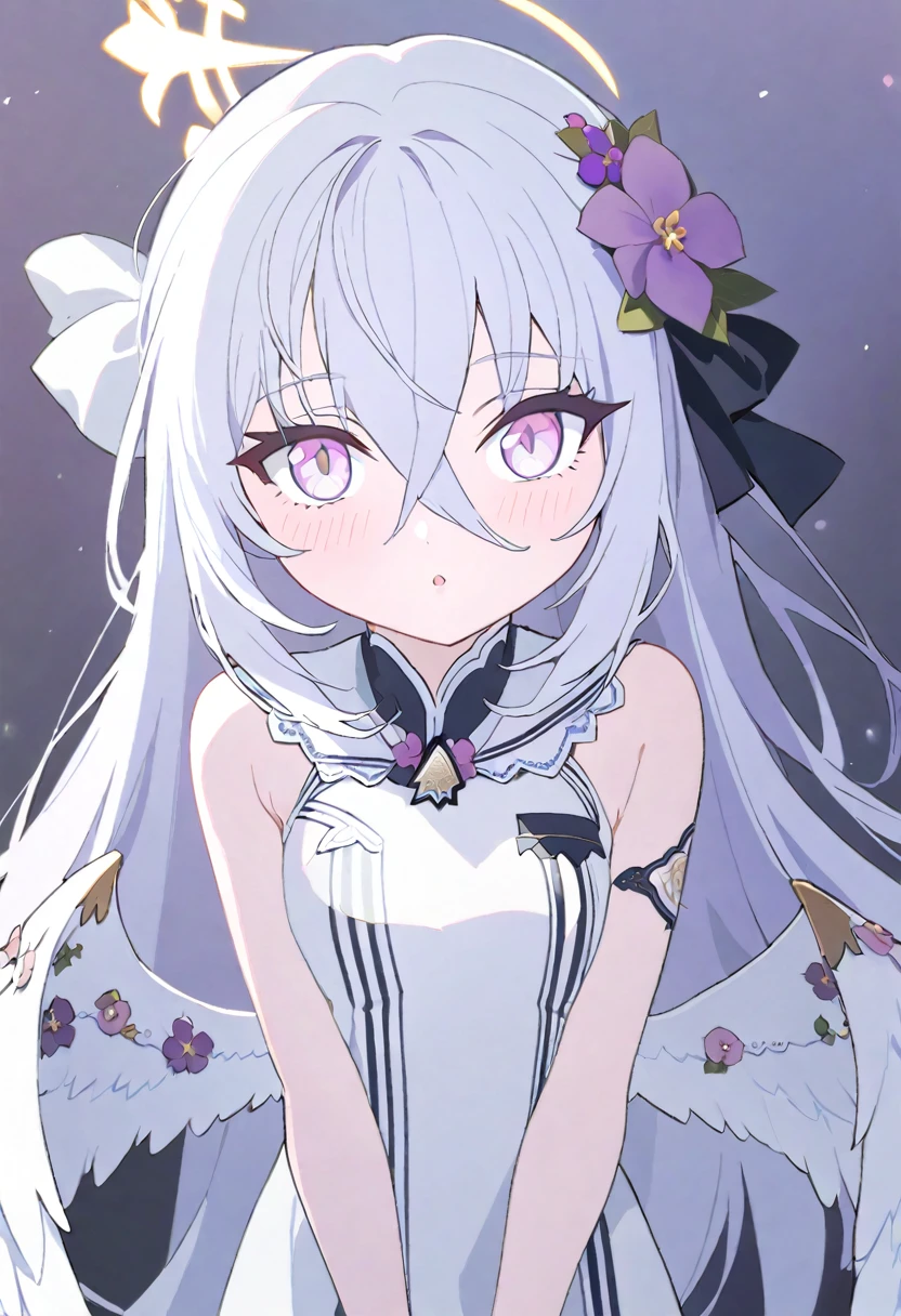 azusa \(blue archive\),AddXL, 1girl alternate_costume angel_wings blush breasts dress feathered_wings flower grey_flower hair_flower hair_ornament halo long_hair parted_lips pink_eyes purple_flower small_breasts solo white_dress white_hair white_wings wings yellow_halo