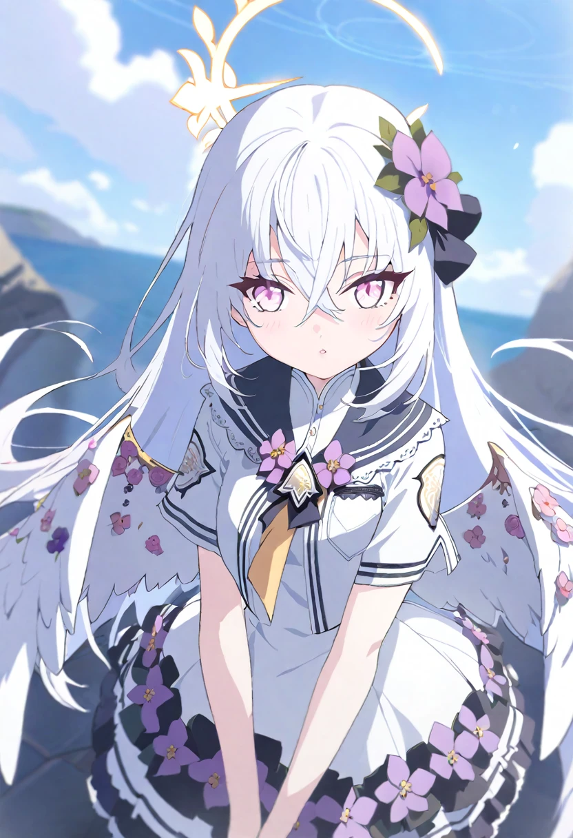 azusa \(blue archive\),AddXL, 1girl alternate_costume angel_wings blush breasts dress feathered_wings flower grey_flower hair_flower hair_ornament halo long_hair parted_lips pink_eyes purple_flower small_breasts solo white_dress white_hair white_wings wings yellow_halo