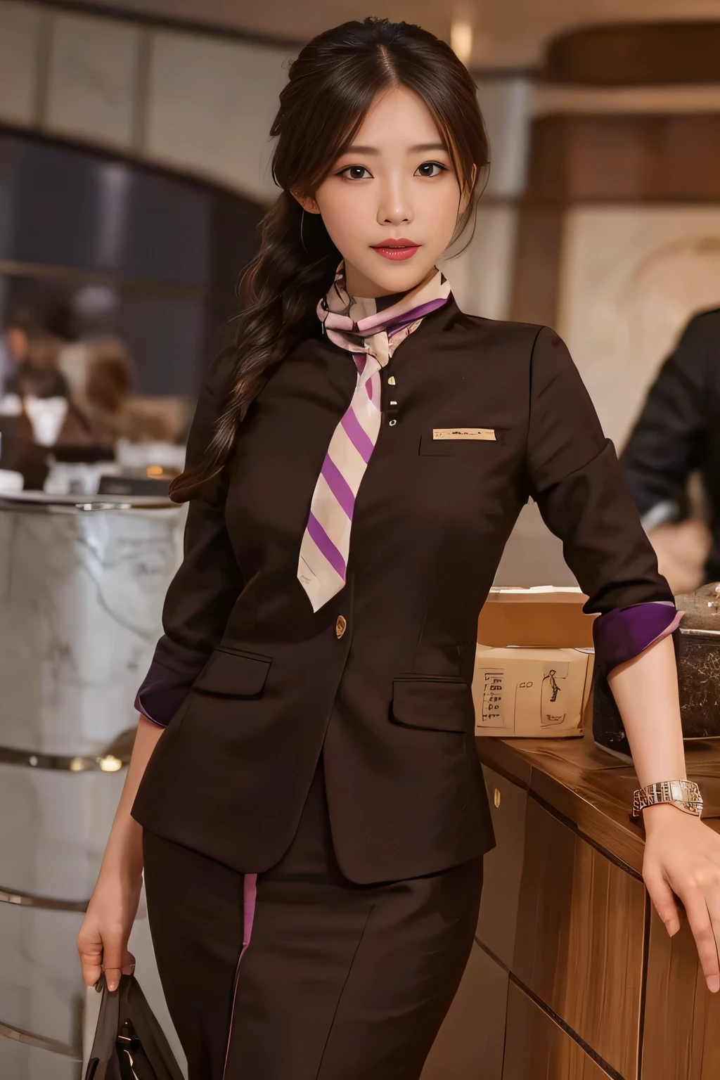 masterpiece:1.2、highest quality:1.2)、32K HDR、High resolution、(alone、1 girl、Slim figure)、Young Asian Woman、(Realistic style wearing ETIHAD Airways Cabincrew Uniform)、 (At the airport counter, Professional Lighting)、A proper woman, Beautiful Face,、(Long sleeve ETIHAD Airways Cabincrew Uniform)、(ETIHAD Airways Cabincrew Uniform skirt with purple stripe on the front)、(Scarf around the neck)、Big Breasts、(Long hair updo、Chignon)、Dark brown hair、Long Shot、((Fine hand:2.0))、((Harmonious body proportions:1.5))、((Normal limbs:2.0))、((Normal finger:2.0))、((Delicate eyes:2.0))、((Normal eyes:2.0)))、Beautiful standing posture、smile