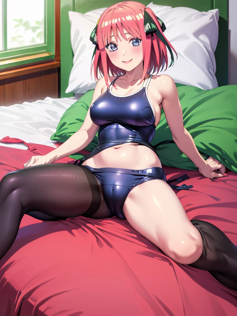 best quality, ultra-detailed masterpiece, nino nakano, one-piece swimsuit, breasts, pantyhose, blush, smile, cushion, bed room