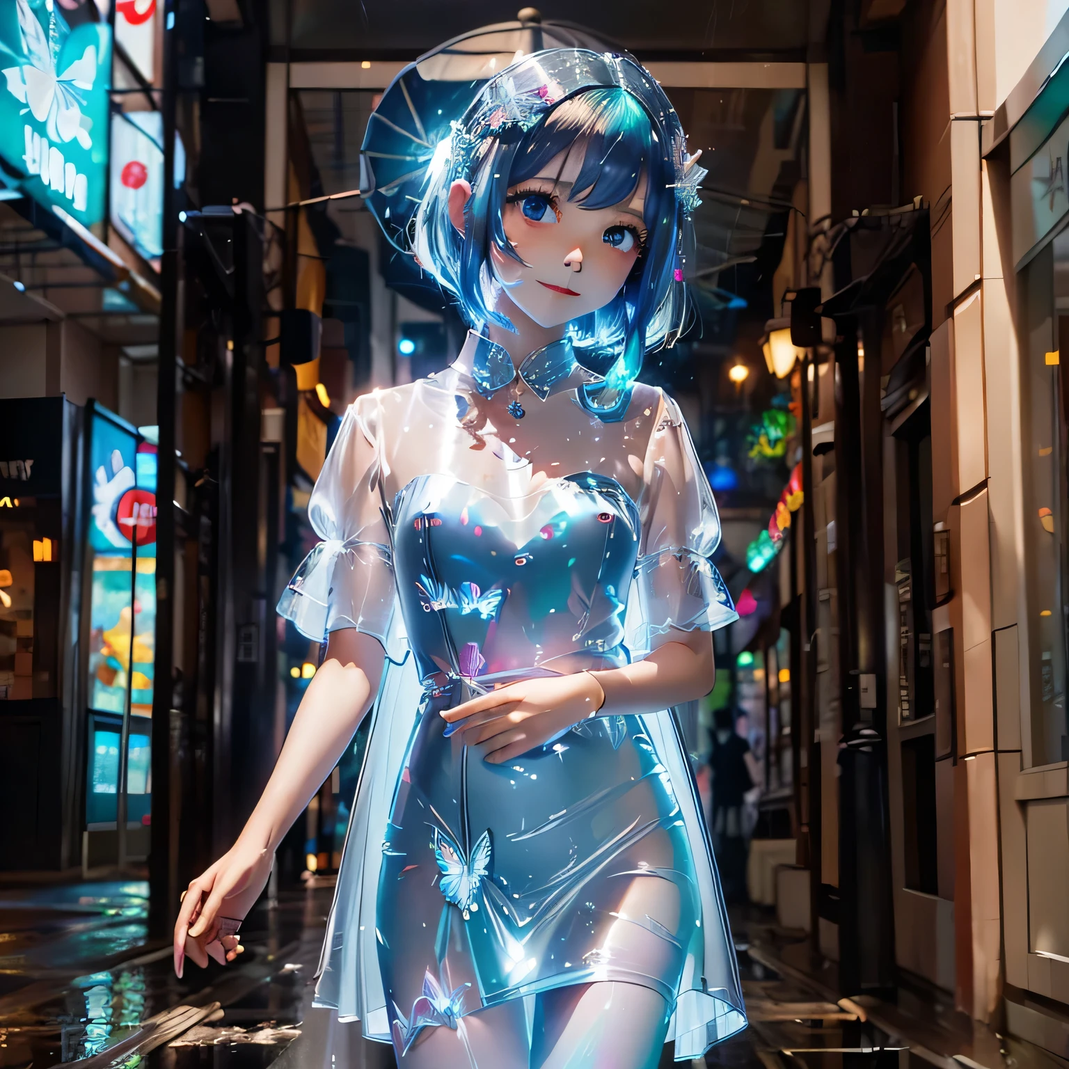 In a vivid anime scene、Focus on the bright rain elements with abundant shiny reflections. The girl with the pink bob hair and reflective blue eyes、She brings more punk and whimsical elements to her sheer outfits.。, Accessorized with blue butterfly accessories and a wide umbrella. Abstract rain sparkle chaos background、There are plenty of light effects with scattered rain and focused bubble sparkles。, The light shining from behind、(((Land of Mirrors)))、. The artwork combines rich textures, Detailed line drawing, Cel Shading, Vibrant colors, Highlighting the luxurious charm of rain.
