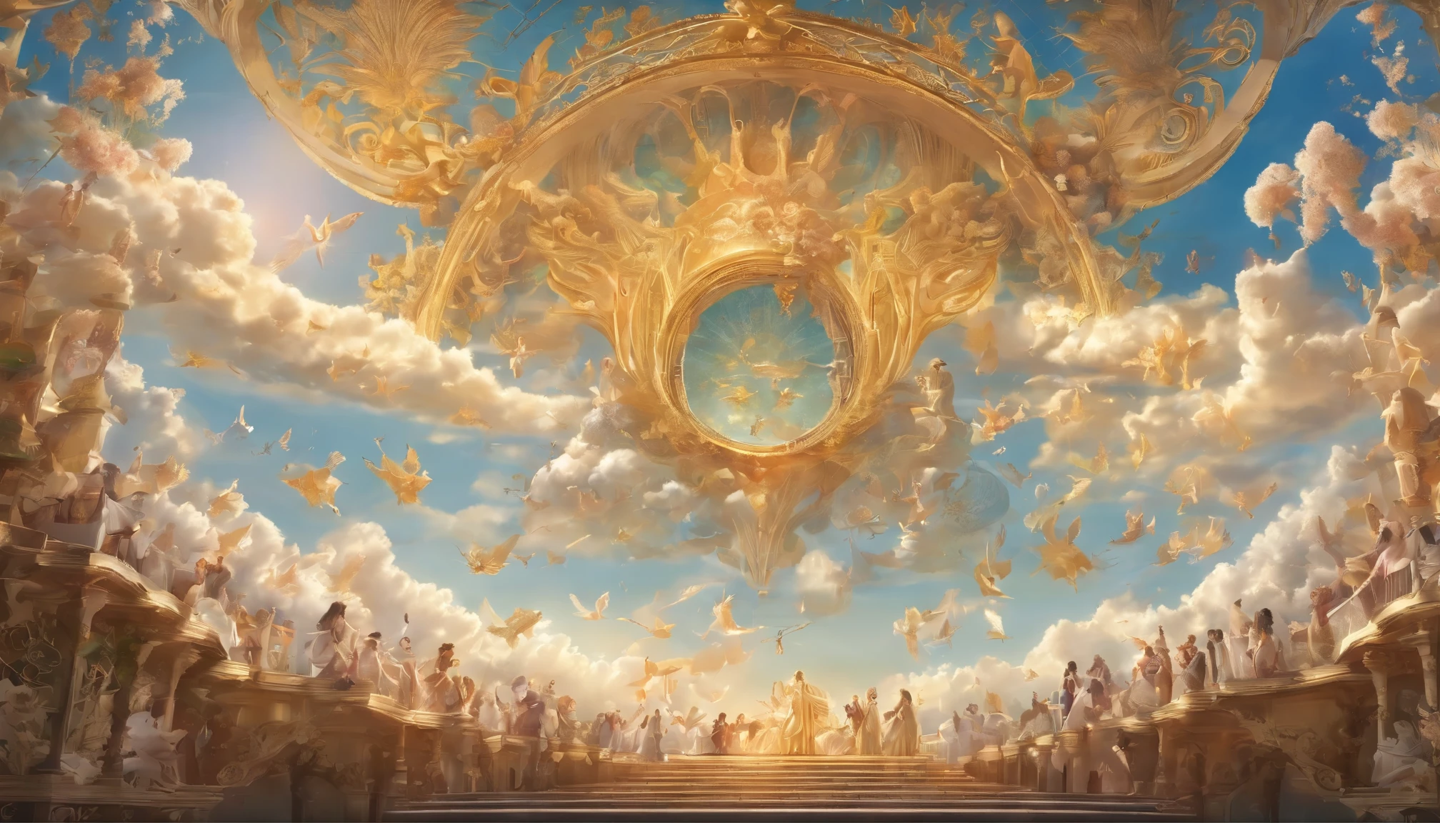 The Rapture ,Thousands of people are floating in the air,Standing on the clouds, Thousands of people are dressed in white, Raise your hands and sing hymns to praise God. The scenes are magnificent and surreal. (Best Quality, 4k, 8K, high resolucion, Masterpiece:1.2), Ultra-detailed, (realisitic, Photorealistic, Realistis:1.37), portrait of a, Vivid colors, studio lit, Sharp focus, physics based rendering, extreme detail description, Biblical Topics, grand ambience, radiant light.