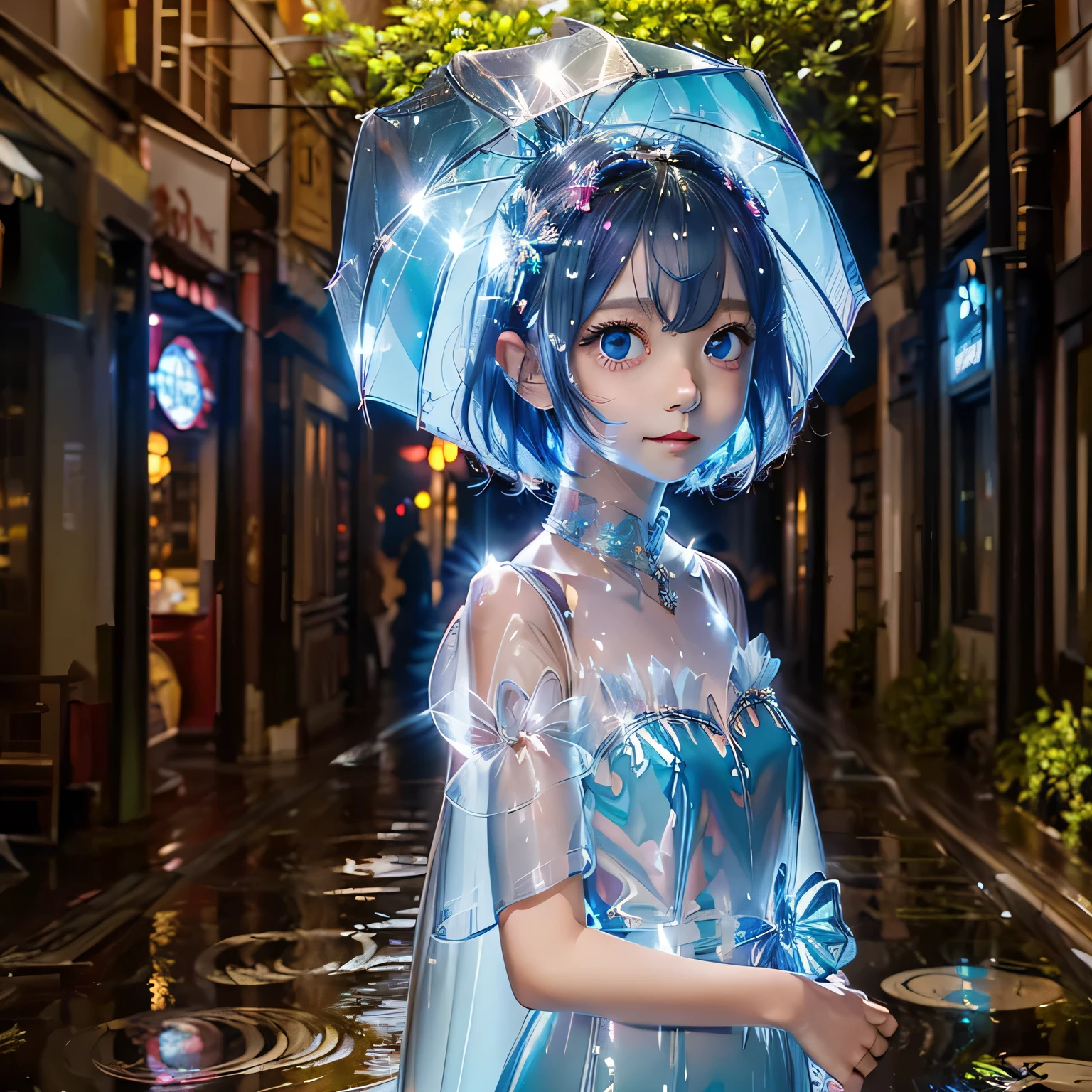 In a vivid anime scene、Focus on the bright rain elements with abundant shiny reflections. The girl with the pink bob hair and reflective blue eyes、She brings more punk and whimsical elements to her sheer outfits.。, Accessorized with blue butterfly accessories and a wide umbrella. Abstract rain sparkle chaos background、There are plenty of light effects with scattered rain and focused bubble sparkles。, The light shining from behind、(((Land of Mirrors)))、. The artwork combines rich textures, Detailed line drawing, Cel Shading, Vibrant colors, Highlighting the luxurious charm of rain.