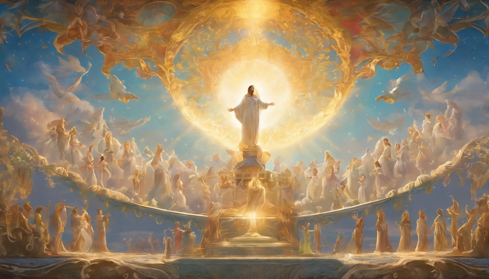 The Rapture ,Thousands of people are floating in the air,Standing on the clouds, Thousands of people are dressed in white, Raise your hands and sing hymns to praise God. The scenes are magnificent and surreal. (Best Quality, 4k, 8K, high resolucion, Masterpiece:1.2), Ultra-detailed, (realisitic, Photorealistic, Realistis:1.37), portrait of a, Vivid colors, studio lit, Sharp focus, physics based rendering, extreme detail description, Biblical Topics, grand ambience, radiant light.