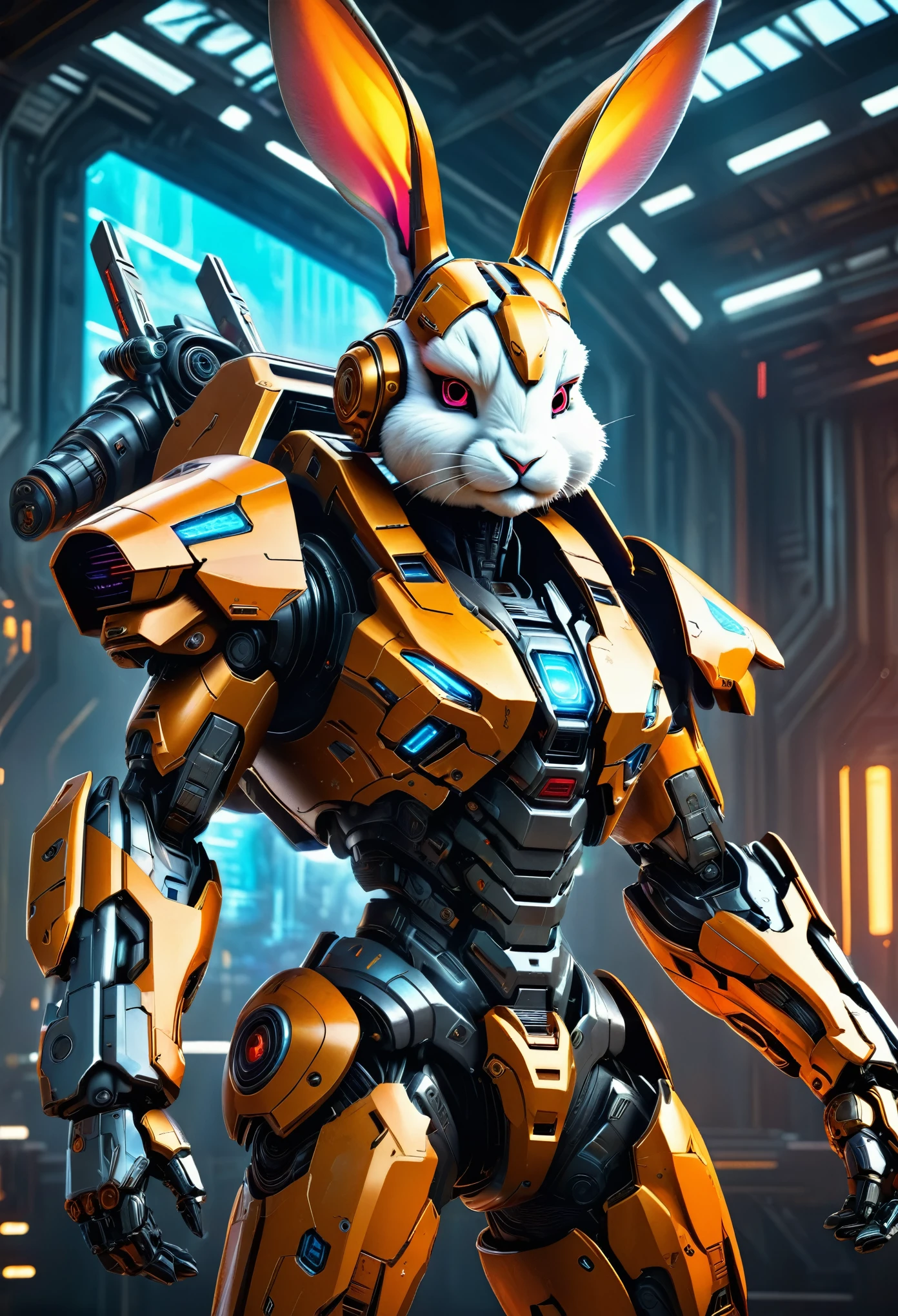 A mech with rabbit ears in a futuristic combat stance, rich in details, steel texture, cool and sci-fi vibe, enhanced by studio lighting effects like HDR and ultra-fine painting, set against a sci-fi background, highres, vivid colors, with a focus on realistic rendering and extreme detail description.