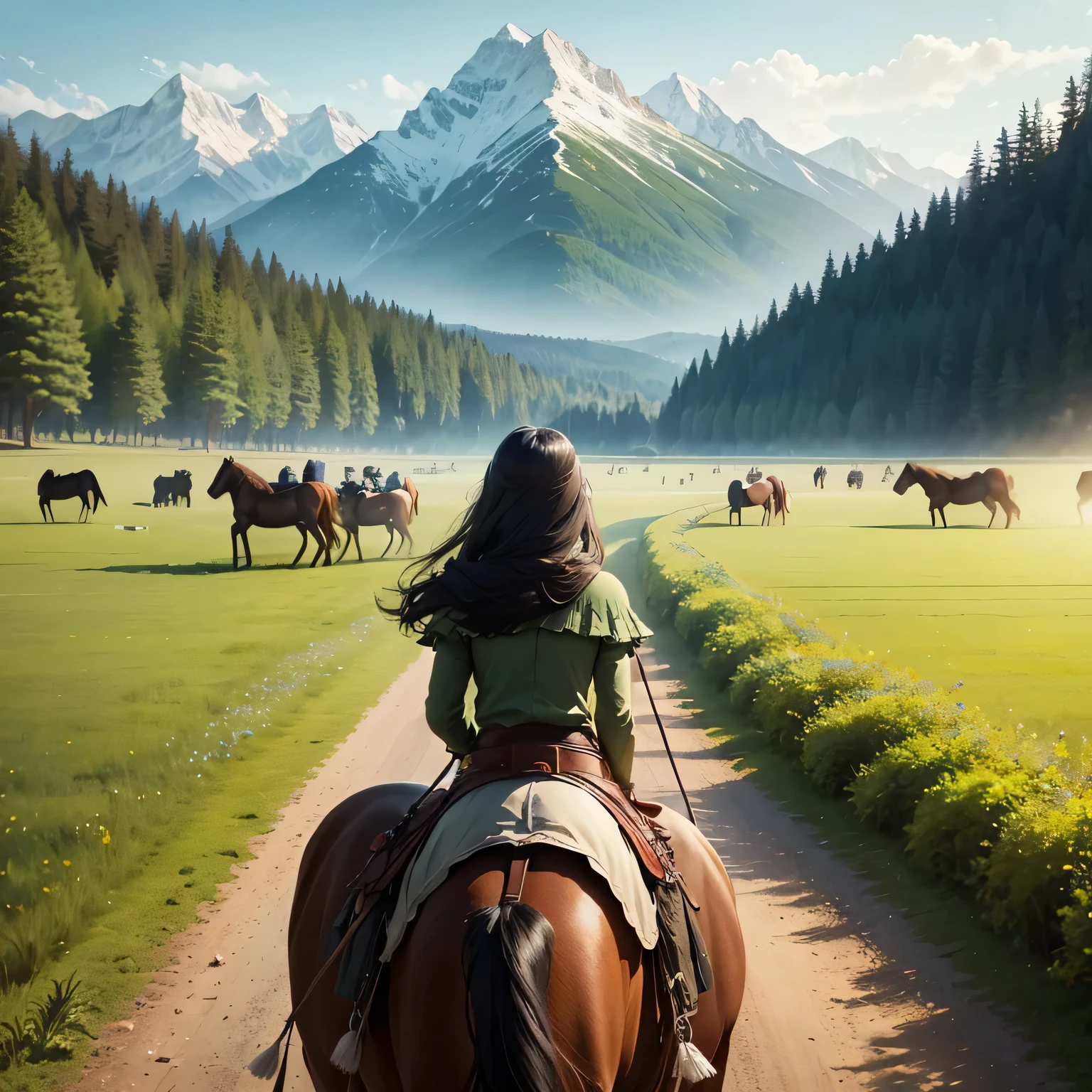 On a green meadow,A girl leading a herd of horses.Princess in a white dress riding a white horse :1.3 ,She has her back to the camera,Guide the horse to its destination. BREAK Behind her, A green forest stretches out, also, Mountains rise in the distance. The most suitable effect for this scene is the watercolor technique,To capture the softness of the grass and the fluidity of the movement.
