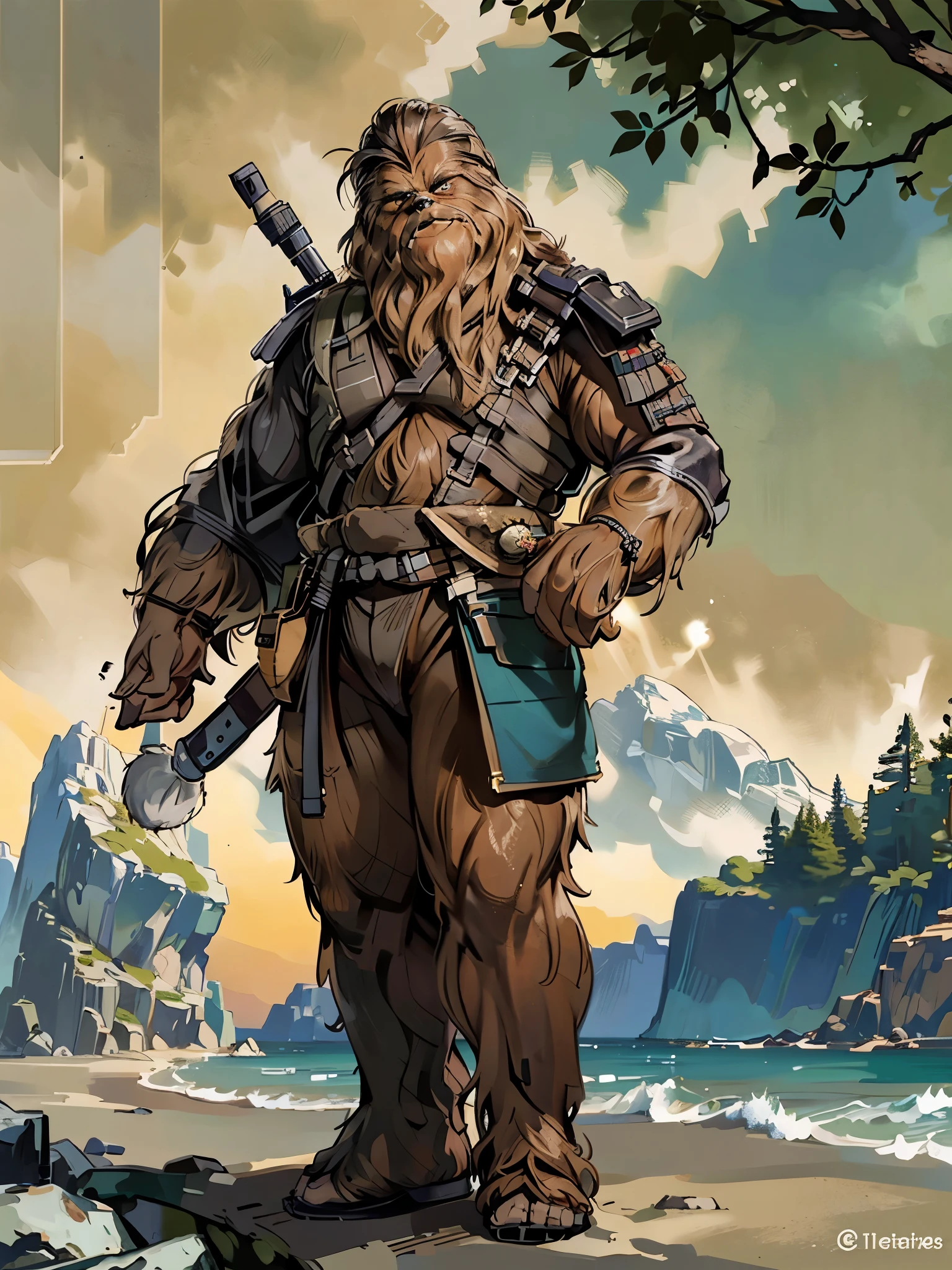 (by Taran Fiddler), (Chunie), Wookie, chewbacca, Star Wars, male, long fur, shaggy fur, beach, sand, trees, tactical harness, leather straps, wide hips, curvy, thick thighs, butt, solo, male, full body, tactical jockstrap, masculine, hot