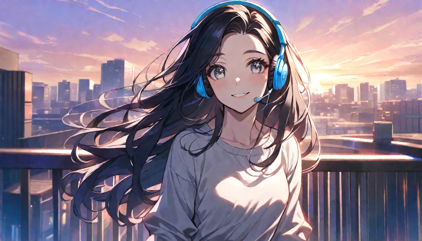 solo, handsome, 1. Female, Straight long hair,black hair, Gray eyes,Drooping eyes,Soft look ,Headphones,Illness,Stylish,casual,smile,Pink,skin,Sexy,smile,sunset