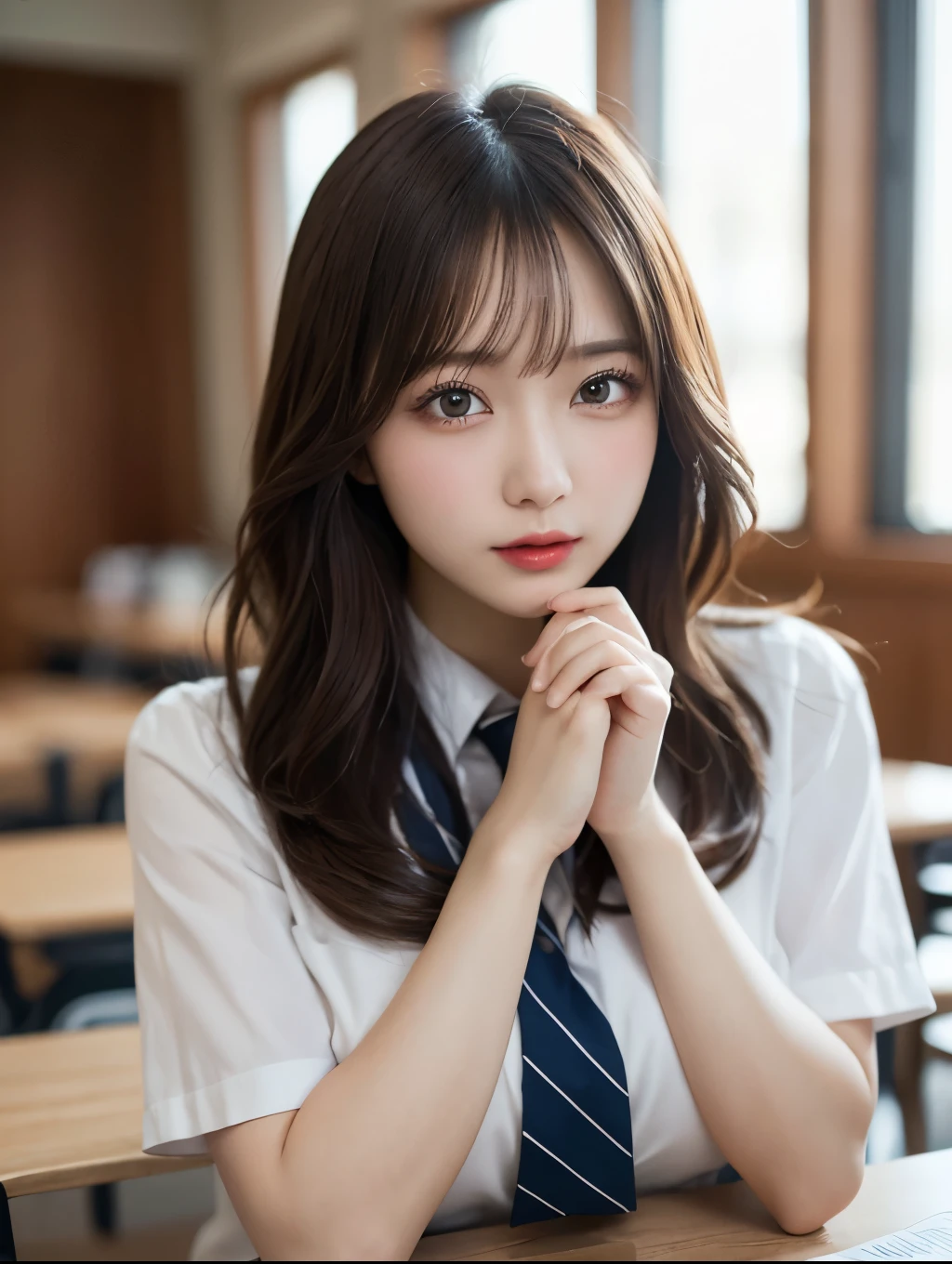 Tabletop, highest quality, figure, Super detailed, In detail, High resolution, 8k wallpaper, Perfect dynamic composition, Beautiful fine details, Student Uniform, Natural Lip, Big Breasts, Exposing the breasts,Natural Hair, Suite Room,