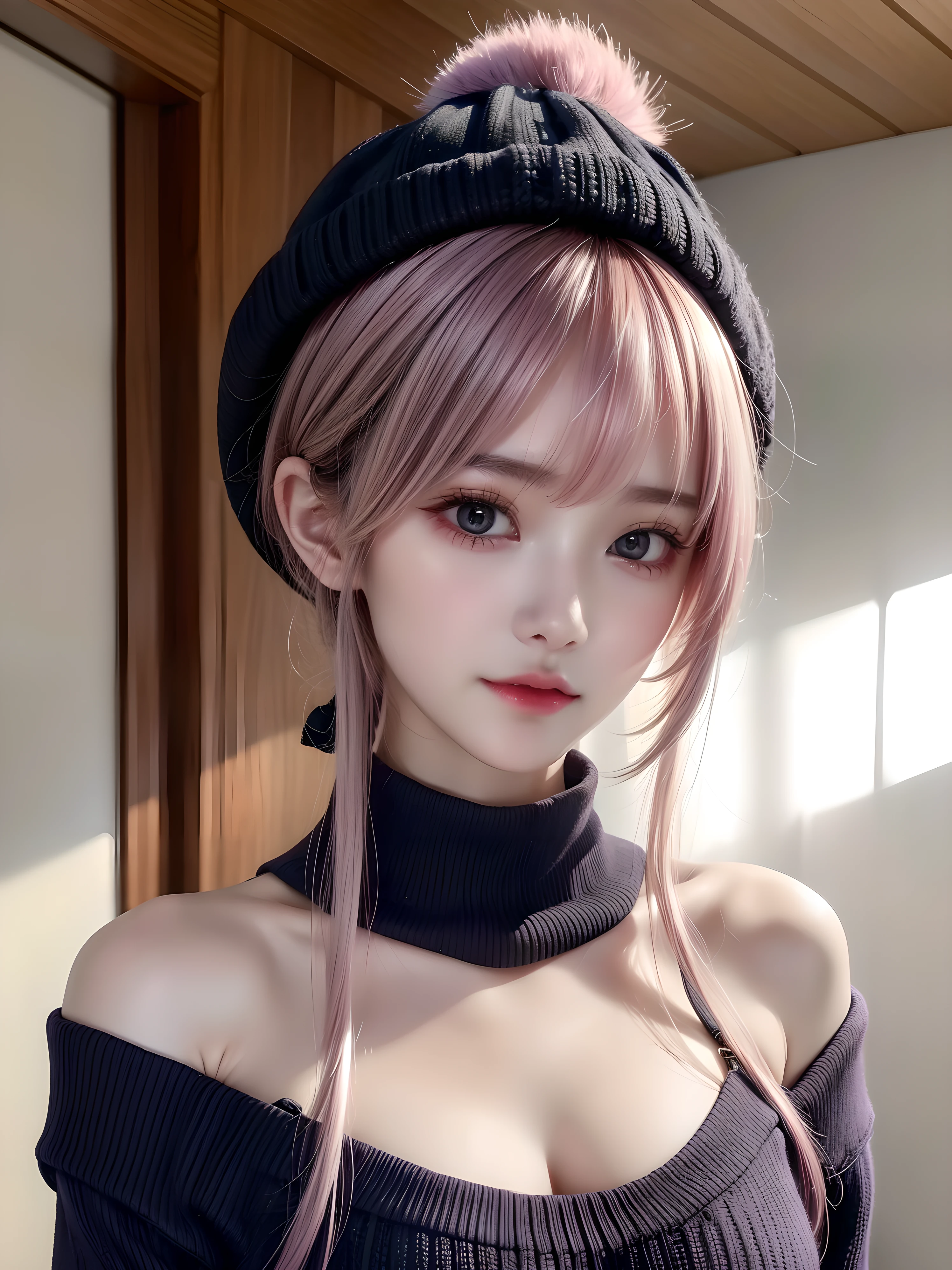 (masuter piece:1.3)、(8K、Photorealsitic、Raw photography、top-quality: 1.4)、(1girl in)、beautiful countenance、(Live-action photography)、(are visible)、(Ash-purple two-tone hair、short-hair:1.3)、(Busty Boobs)、Hoodie without front closure、((sexy revealing clothes))、Beanie、Wearing a knitted cute pom-pom hat、(Display hats on the screen)、realisticeyes、Beautiful details、（real looking skin）、Beautiful skins、absurderes、enticing、 high resolution、A hyper-realistic、high-detail、the golden ratio