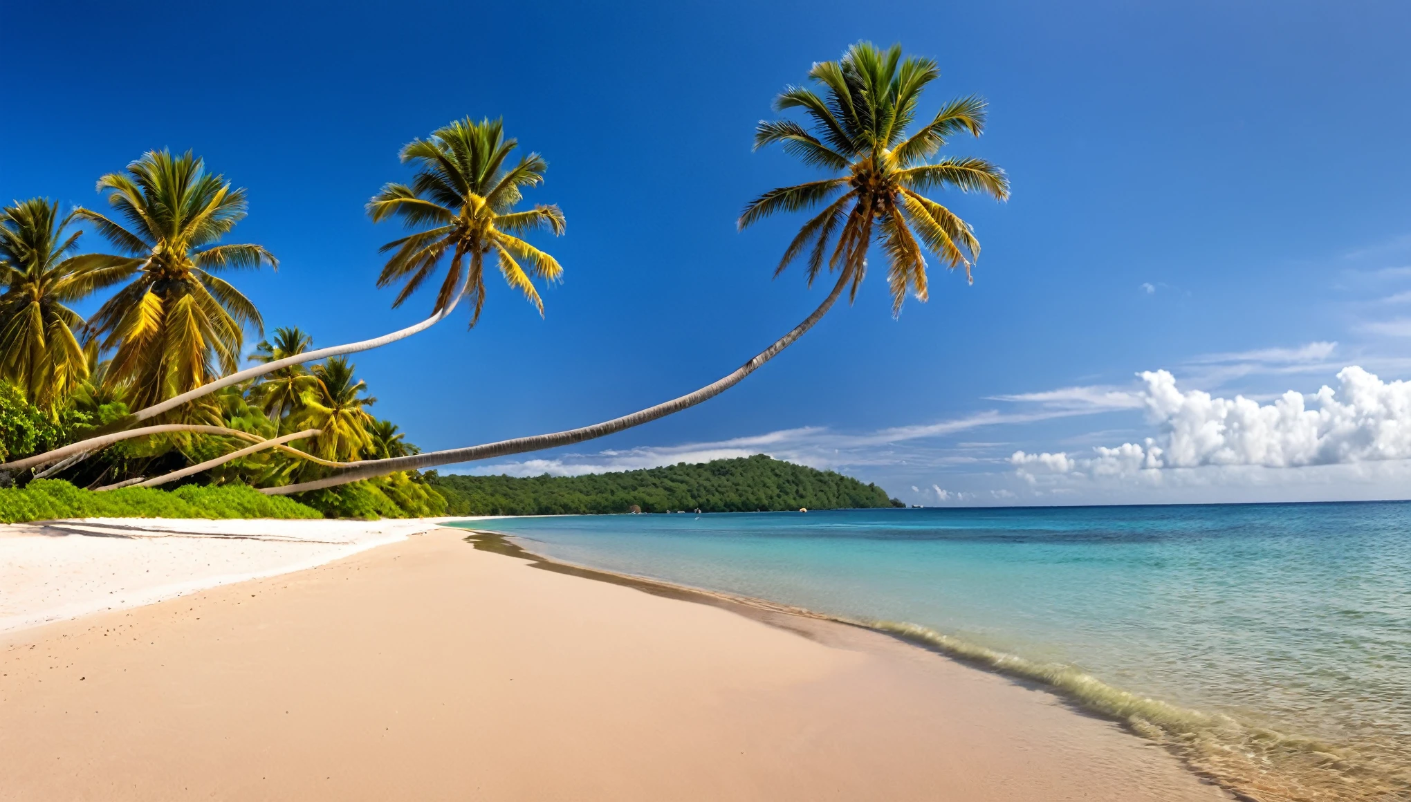a couple of palm trees sitting on top of a sandy beach, a matte painting by Joop Sanders, shutterstock contest winner, regionalism, beautiful tropical island beach, breath-taking beautiful beach, tropical beach