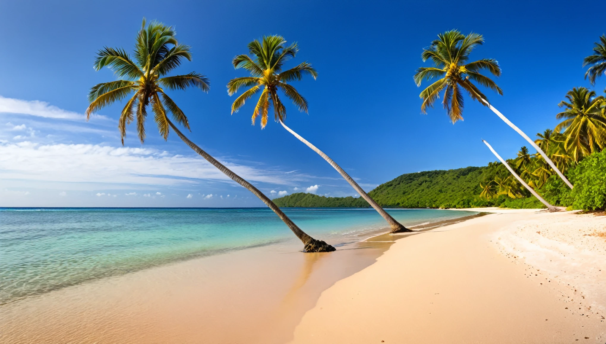 a couple of palm trees sitting on top of a sandy beach, a matte painting by Joop Sanders, shutterstock contest winner, regionalism, beautiful tropical island beach, breath-taking beautiful beach, tropical beach