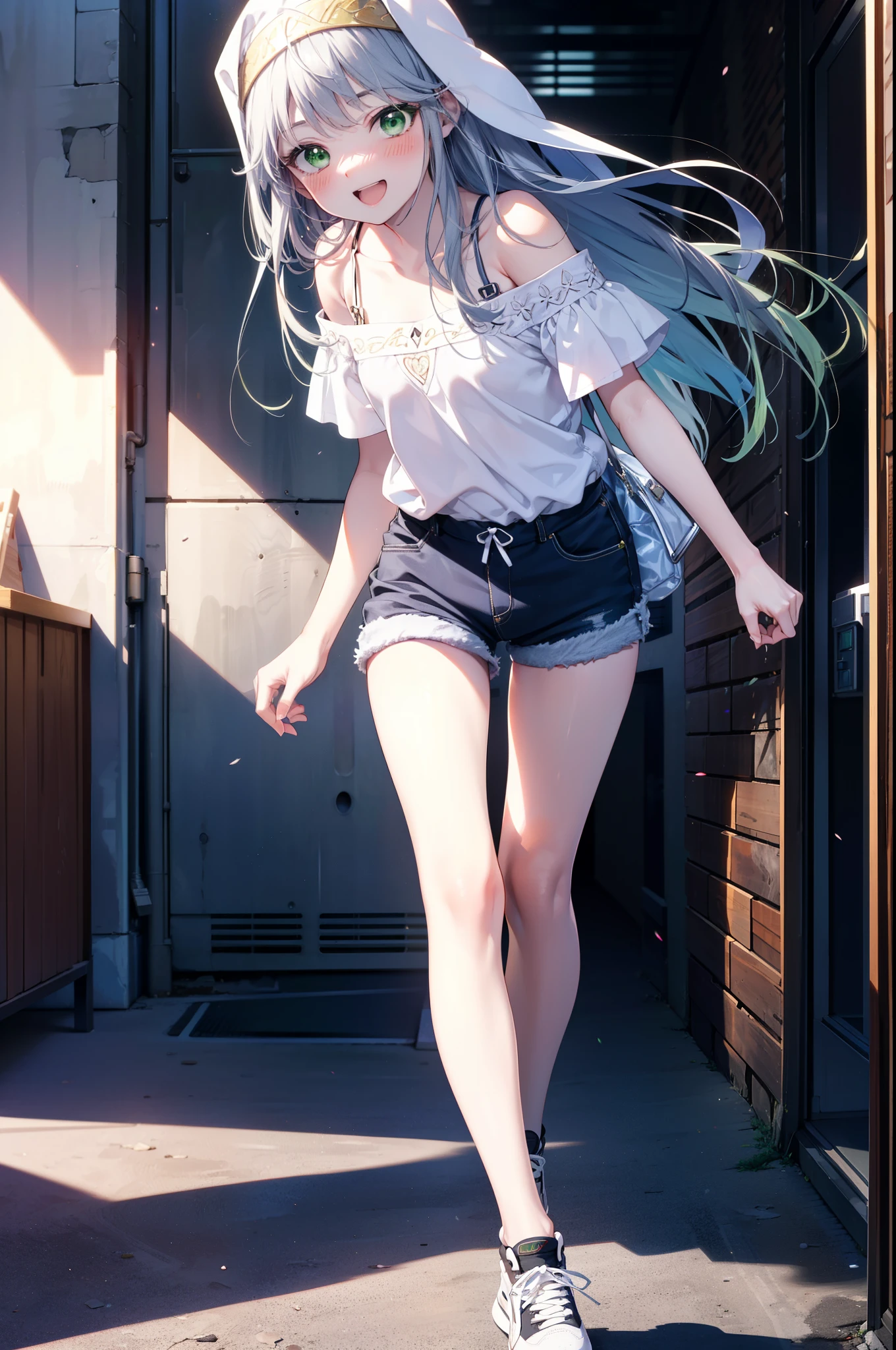 index, index, (Green Eyes:1.5), Silver Hair, Long Hair, (Flat Chest:1.2),happy smile, smile, Open your mouth,blush,hair band,Cordo shoulder top,Short sleeve,Shorts,Black tights,High-top sneakers,Daytime,Clear skies,whole bodyがイラストに入るように,Walking,
break looking at viewer, whole body,
break outdoors, In town,Building district,
break (masterpiece:1.2), highest quality, High resolution, unity 8k wallpaper, (figure:0.8), (Beautiful fine details:1.6), Highly detailed face, Perfect lighting, Highly detailed CG, (Perfect hands, Perfect Anatomy),