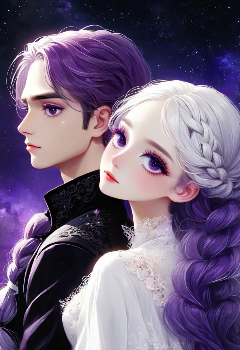 rough texture,Hand drawn style:A couple standing back to back,Fractal Art,yinji, purple hair, purple eyes, long hair, white hair, double braids, gradient hair, Gothic style clothing,Lace,Dark Fantasy,Dramatic lighting,cinematic composition, ,Theatrical atmosphere,Chiaroscuro,Gothic,Melancholy,mystery,Ethereal atmosphere,universe,Psychedelic,dream,fear,Milky Way, Night sky, Star,