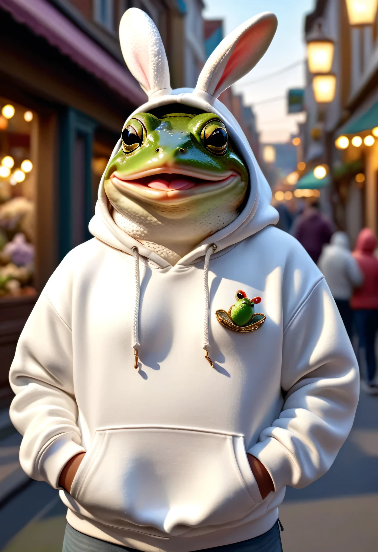 photorealistic portrait of Dressed animals - a ((fat)) ((frog)), break ,(wearing white hoodie),(hands in pockets:1.2),(happy smile),(), high quality,(lovely) ,intricate detailed decorations, highly detailed (rabbit hoodie with rabbit ears), , street background , (happy), perfect lighting,(half body image:2.0)