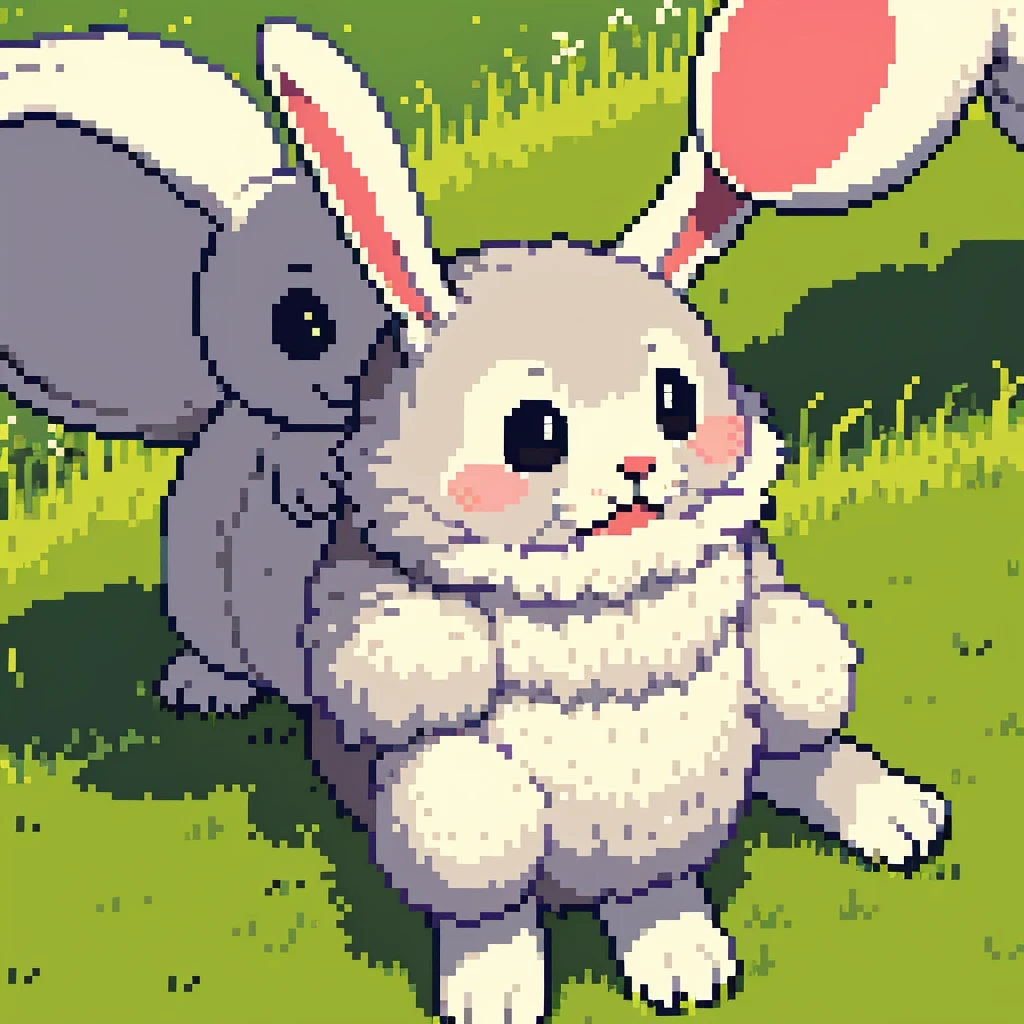 a cute rabbit with large fluffy white ears, big black eyes, tiny pink nose, soft fur, adorable expression, sitting in a grassy field, natural lighting, vibrant colors, 8k, highly detailed, photorealistic, professional photography