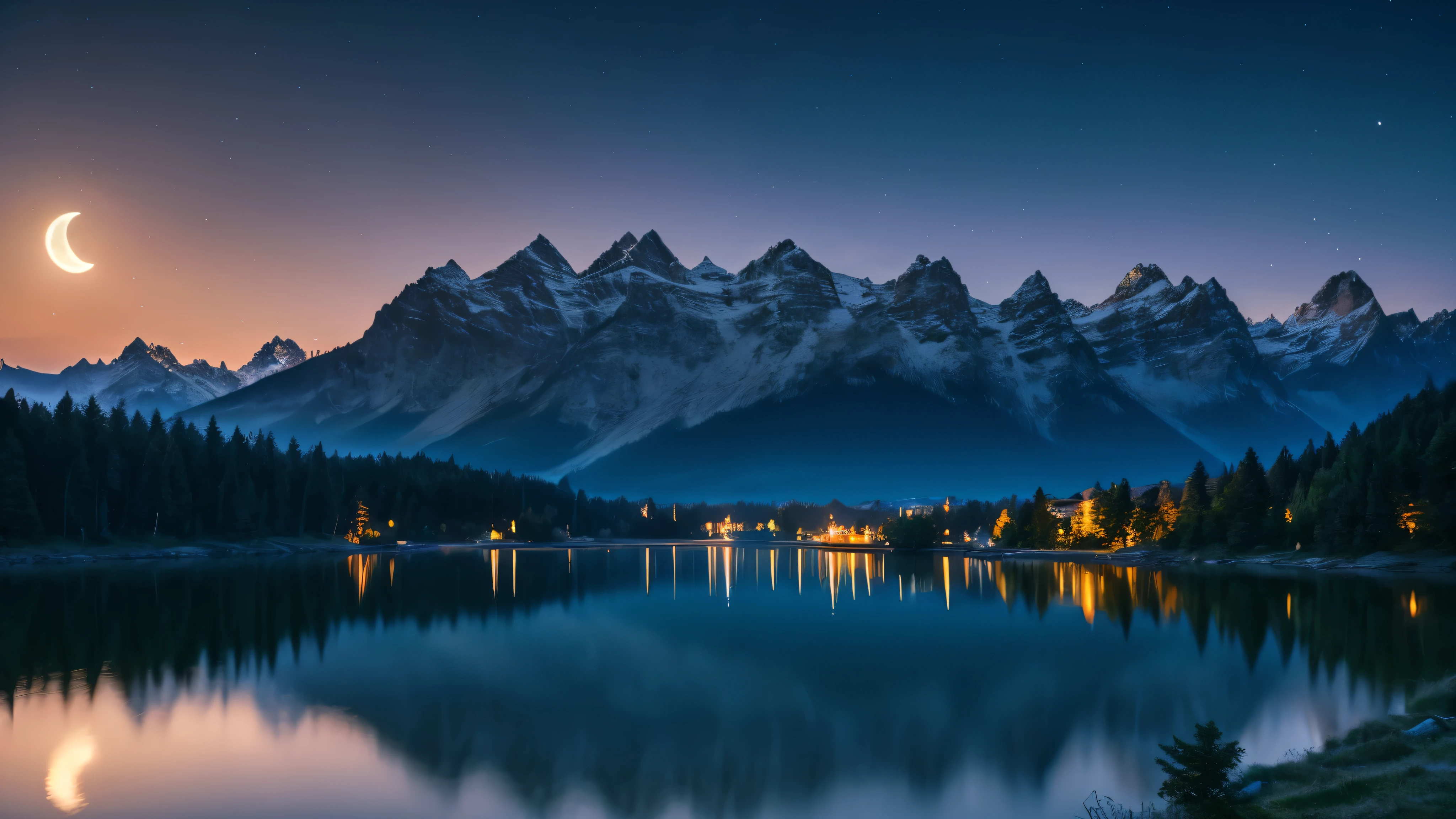 Moon night background with beautiful lake wallpaper, highly detailed, realistic 8k full HD.