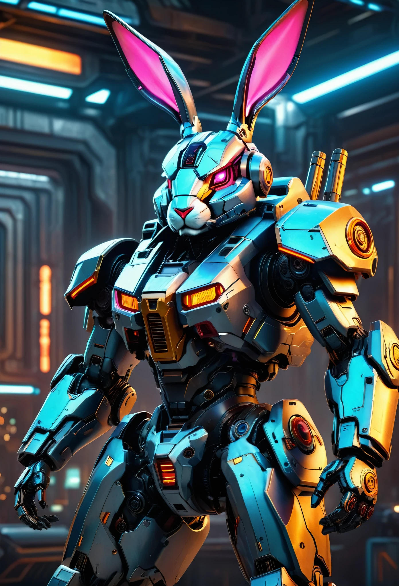 A mech with rabbit ears in a futuristic combat stance, rich in details, steel texture, cool and sci-fi vibe, enhanced by studio lighting effects like HDR and ultra-fine painting, set against a sci-fi background, highres, vivid colors, with a focus on realistic rendering and extreme detail description.