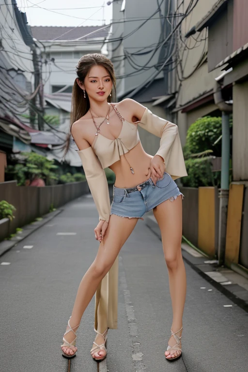 1girl, 18 year old white girl、Full body image, Javanese face, Hair is brunette、Eye color is brown、updo hair、hair tied loosely、barefoot wearing sandals, Long legs, perfect figure beautiful woman:1.4, Slim abs:1.1, Highly detailed facial and skin texture, A detailed eye, double eyelid, Slender but well-proportioned muscular body, unbottoned shirt、braless,  medium breast, cleavage, the belly button is out、wearing tiny short jeans、wearing a rosario necklace、accessories on the wrist、setting hair、a smile、happy face, I have a phonecall on handphone、barefoot wearing sandals, walking on residential alley in jakarta.、I&#39;m so excited、I'm pulling my hair up

