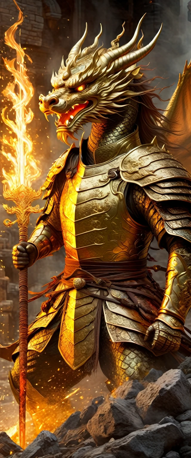 (anthropomorphic Chinese dragon warrior in golden armor fighting enemies), sword swinging through dungeon roofs, flames, rubble, explosions, epic images, iper quality, iper detail, intricate detail, octan rendering, cinema, standing facing the viewer, mythological creatures, hermits, conceptual art, wide angle, full composition, dynamic lighting, film