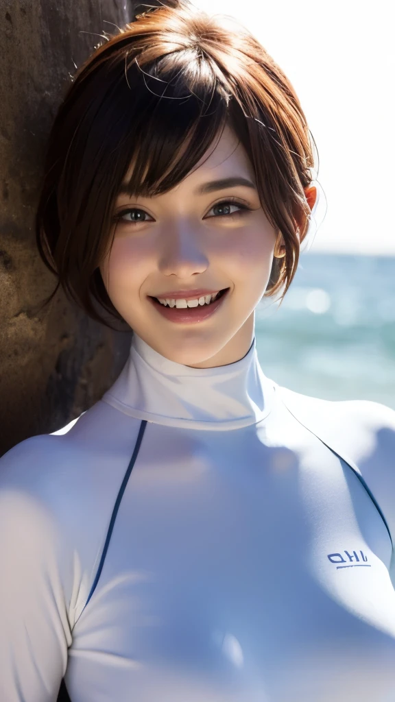 Gwen Tennyson，1 Girl，tracer，D.and，Rebecca Chambers，Overwatch，Gundam，close up，Mech pilot，Sea view，White and rose Corset，hairpin，Corset，White Long Sleeve Lycra Top，Orange leggings，short hair，cute makeup，Green Eyes，Orange Hair，Shy laugh，freckle，Red hair，beautiful girl，，Extremely detailed，realism，Fantasy Art，surf夹克，surf板，wave，surf