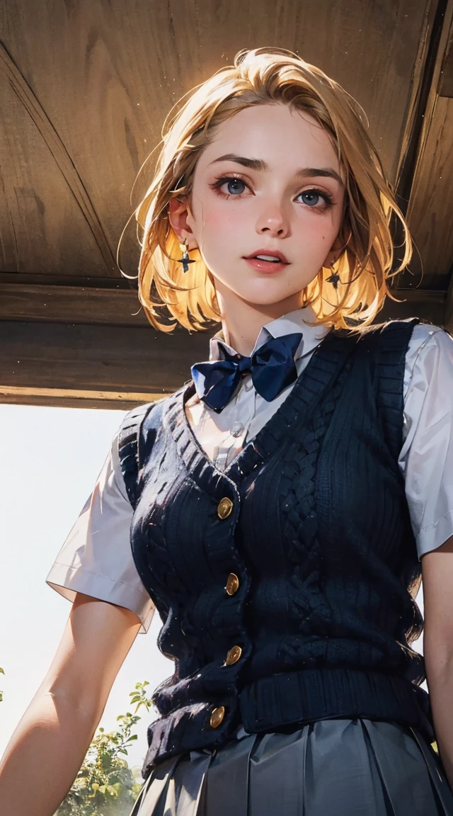 (masterpiece:1.2, highest quality), (realistic, photorealistic:1.4), beautiful illustrations, (natural side lighting, movie lighting), Depth of written boundary,
looking at the viewer, (face focus, Upper body), Front view, 1 girl, English, high school girl, , perfect face, Cute symmetrical face, shiny skin,
(bob hair:1.7,blonde), asymmetrical bangs, Big eyes, droopy eyes, long eyelashes chest), thin,
beautiful hair, beautiful face, fine and beautiful eyes, beautiful clavicle, beautiful body, beautiful breasts, beautiful thighs, beautiful feet, beautiful fingers,
((fine fabric texture, Brown knitted vest, short sleeve white collar shirt, navy pleated skirt, Navy bow tie)),
(beautiful scenery), evening, (Inside the flower shop), Are standing, (smile, Upper grade, open your mouth), (from below:1.5),(visibility is low:1.5), (((Backlight)))angle from below, a woman, straddling on the stone-bollard, (showing off her super detailed drawing pubic hair), (squirting), various patterned unbuttoned casual-dress , skirt, (round face), eyes with realistic sizing, drooping eyes, enjoying masturbation, outside, (eccentric pose), light-makeup, tiny earrings, blond, braid,