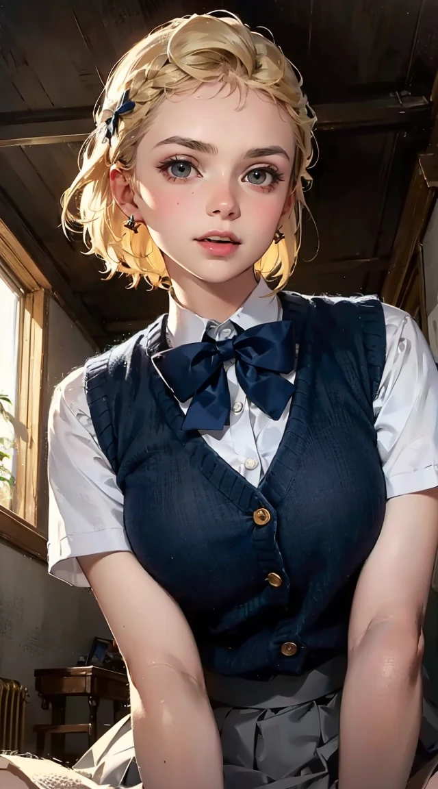 (masterpiece:1.2, highest quality), (realistic, photorealistic:1.4), beautiful illustrations, (natural side lighting, movie lighting), Depth of written boundary,
looking at the viewer, (face focus, Upper body), Front view, 1 girl, English, high school girl, , perfect face, Cute symmetrical face, shiny skin,
(bob hair:1.7,blonde), asymmetrical bangs, Big eyes, droopy eyes, long eyelashes chest), thin,
beautiful hair, beautiful face, fine and beautiful eyes, beautiful clavicle, beautiful body, beautiful breasts, beautiful thighs, beautiful feet, beautiful fingers,
((fine fabric texture, Brown knitted vest, short sleeve white collar shirt, navy pleated skirt, Navy bow tie)),
(beautiful scenery), evening, (Inside the flower shop), Are standing, (smile, Upper grade, open your mouth), (from below:1.5),(visibility is low:1.5), (((Backlight)))angle from below, a woman, straddling on the stone-bollard, (showing off her super detailed drawing pubic hair), (squirting), various patterned unbuttoned casual-dress , skirt, (round face), eyes with realistic sizing, drooping eyes, enjoying masturbation, outside, (eccentric pose), light-makeup, tiny earrings, blond, braid,