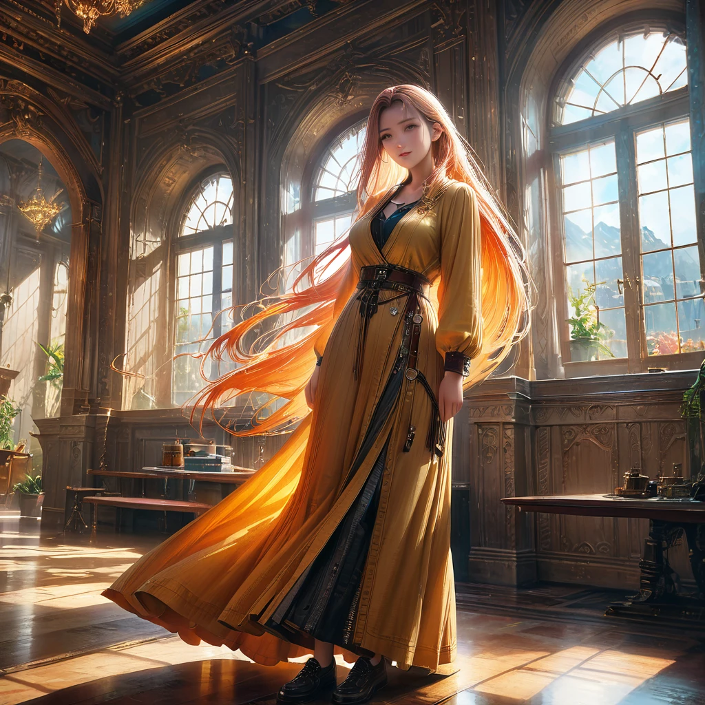 a beautiful tall white-haired woman in school, detailed face and eyes, elegant long hair, flowing dress, serene expression, sunlight streaming through windows, warm lighting, intricate architectural details, oil painting style, vibrant colors, photorealistic, cinematic composition, (best quality,4k,8k,highres,masterpiece:1.2),ultra-detailed,(realistic,photorealistic,photo-realistic:1.37)