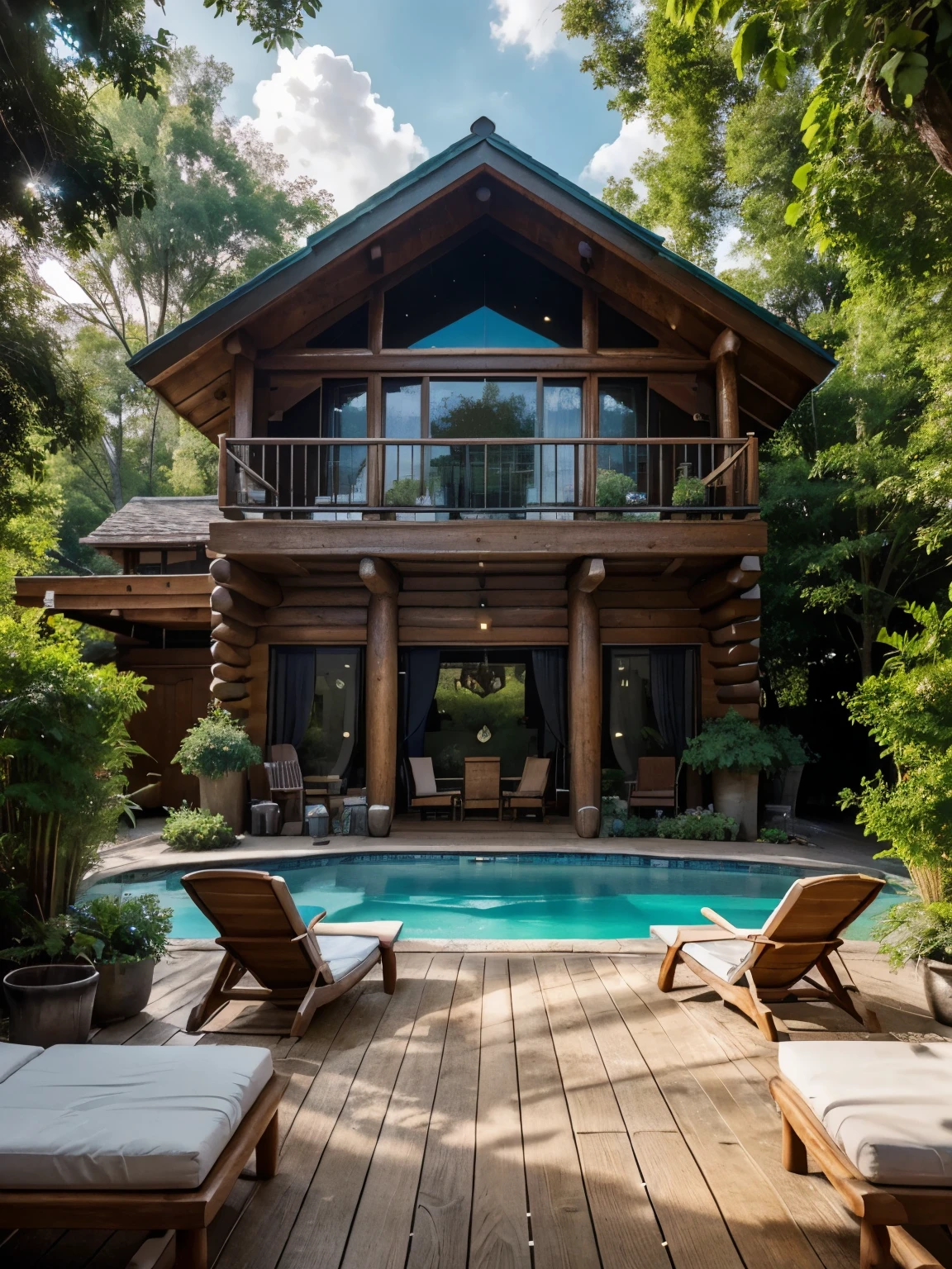 This image showcases a stunning log cabin retreat, exuding rustic charm and luxury. The two-story log cabin is constructed from robust timber logs, giving it a warm, inviting appearance. Its design features expansive windows that allow natural light to flood the interior and provide breathtaking views of the surrounding landscape. The cabin is adorned with colorful flower baskets hanging from the balcony railings, adding a touch of vibrant beauty.
In the foreground, a pristine swimming pool with crystal-clear blue water serves as the centerpiece of the outdoor area. The pool is surrounded by a well-maintained wooden deck, furnished with several comfortable lounge chairs, perfect for relaxation. Each chair is equipped with neatly placed towels, enhancing the sense of order and readiness for guests.
The outdoor space is meticulously landscaped with a variety of potted plants and flowers, contributing to the serene ambiance. A cozy seating area featuring wooden furniture is situated near the pool, offering an ideal spot for outdoor dining or social gatherings.
The backdrop of the image reveals lush green trees and a clear blue sky dotted with white clouds, further emphasizing the tranquility and natural beauty of this idyllic setting. The overall composition of the image, with its vibrant colors and high level of detail, captures the essence of a luxurious and peaceful countryside escape.