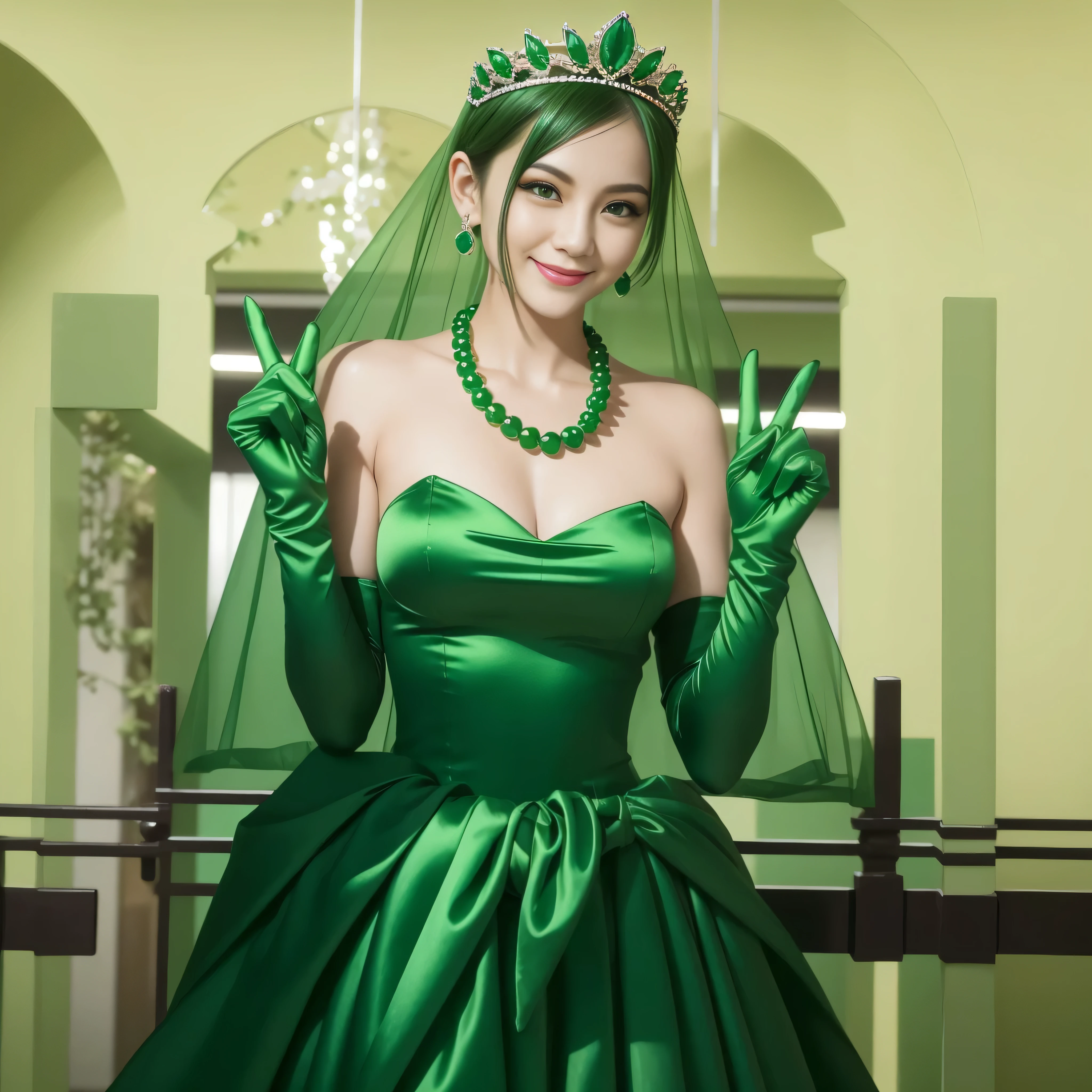 Emerald tiara, Green Pearl Necklace, Boyish very short green hair, lipstick, Smiling Japanese woman, Very short hair, Big and beautiful, Green Eyes, Long green satin gloves, Green Eyes, V sign, Emerald Earrings, Green veil, peace sign