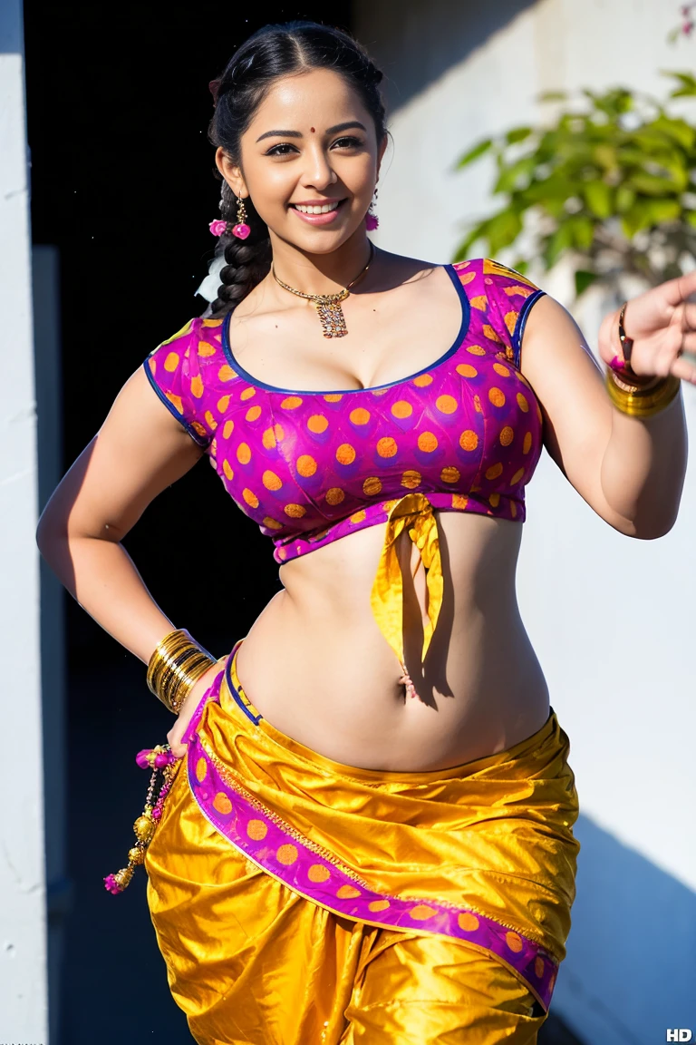 HD wallpaper 32k cinematic shoot of a Beautiful cute girl, with thick thighs and a curvy waist, twin braids, wearing an Indian blouse top, horny, seductively, in a school corridor, dotted blouse top, smiling, ((long curvy waist)), ((lowwaist)), ((curvy waist)), (((a man grabbing her waist)))