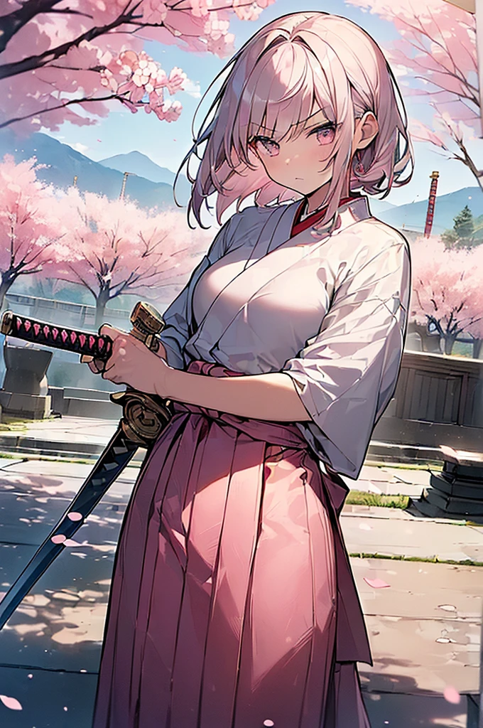 (Masterpiece, Top quality: 1.5) , Japanese sword:1.3, (The girl has a sword、Taking a stance for Iaijutsu:1.3), 1 beautiful girl, solo, silver hair,  (pink hakama :1.3), medium hair, wave hair, (:1.2), medium breasts, standard weight, (angry), Beautiful scene of cherry blossom trees, magnificent panorama view, SakuraFubuki:1.2