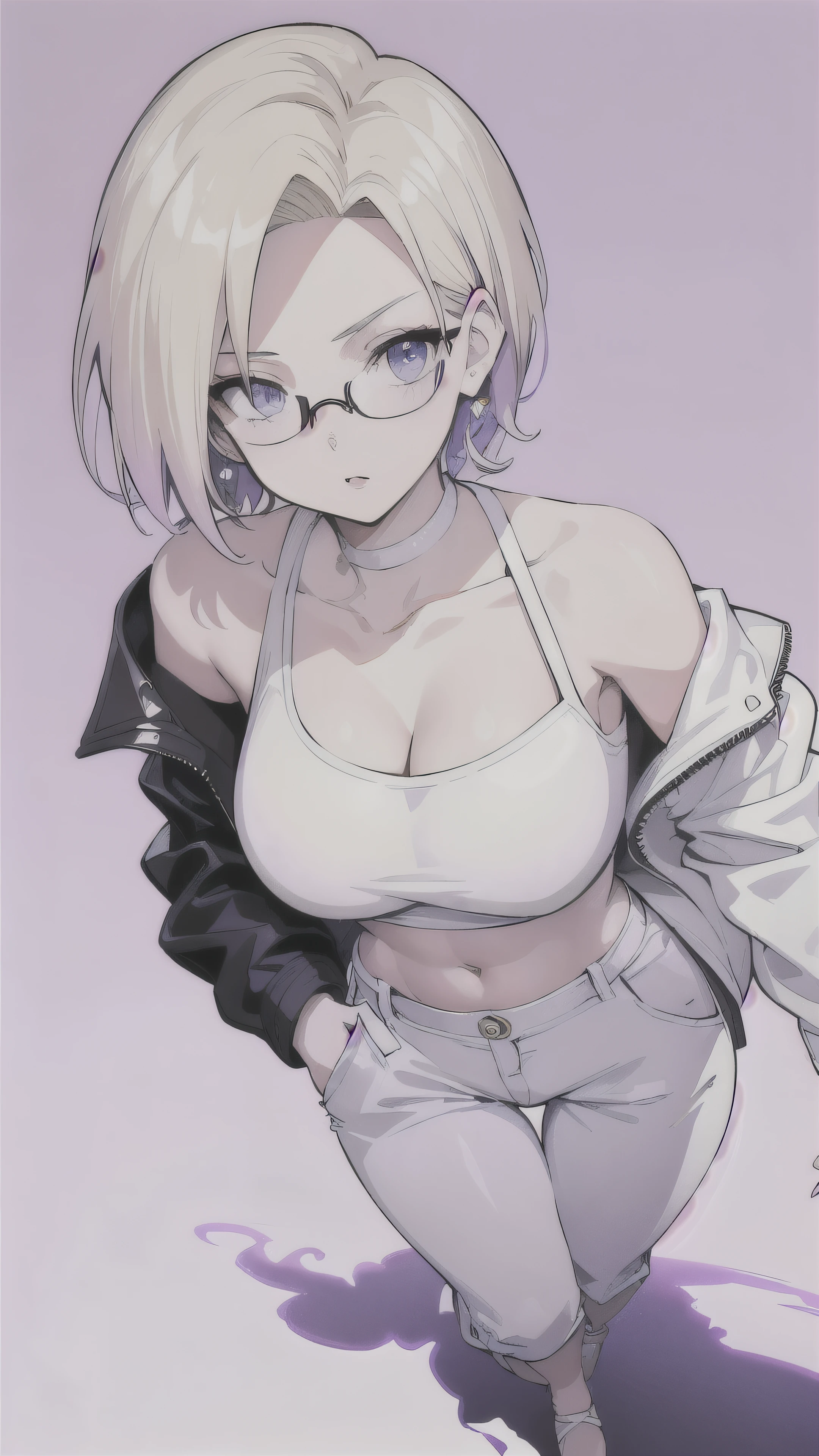 masterpiece,(best quality),(1girl) ,solo, Android 18 from Dragon Ball,(high contrast:1.2),(high saturation:1.2), ((hands on the pocket)),collarbone, cleavage, ((black one-shoulder crop camisole)), off-shoulders track jacket, cropped jacket, midriff-baring, navel, ((white baggy pants)),looking at viewer,((white and light purple theme:1.3)),((white and light purple background:1.5)), small breasts, short blonde hair, blue eyes, (wearing glasses),((walking:1.3)),full body, black footwear,((the light purple water on sky and white cloud and day)),((from above:1.2)),earrings on earlobes, slender feminine figure, narrow waistline, skinny body,
(magazine:1.3), (cover-style:1.3), fashionable, woman, vibrant, outfit, posing, front, colorful, dynamic, background, elements, confident, expression, holding, statement, accessory, majestic, coiled, around, touch, scene, text, cover, bold, attention-grabbing, title, stylish, font, catchy, headline, larger, striking, modern, trendy, focus, fashion,