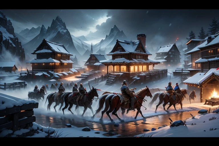 Tilt-Shift Photography，masterpiece，best quality，Multiplayer，Soldier，snowstorm，night，bonfire，Pike，knife，arms，，banner，horses，smoke，Monte，Night