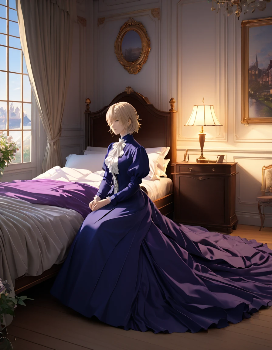 masterpiece, highest quality, (Highly detailed CG synthesis 8k wallpaper), (highest quality), (Best illustrations), (Best Shadow), (Stable Diffusion Model), Violet Evergarden, Sparkling, beautiful, victorian style bedroom, Dynamic Lighting, Depth of written boundary