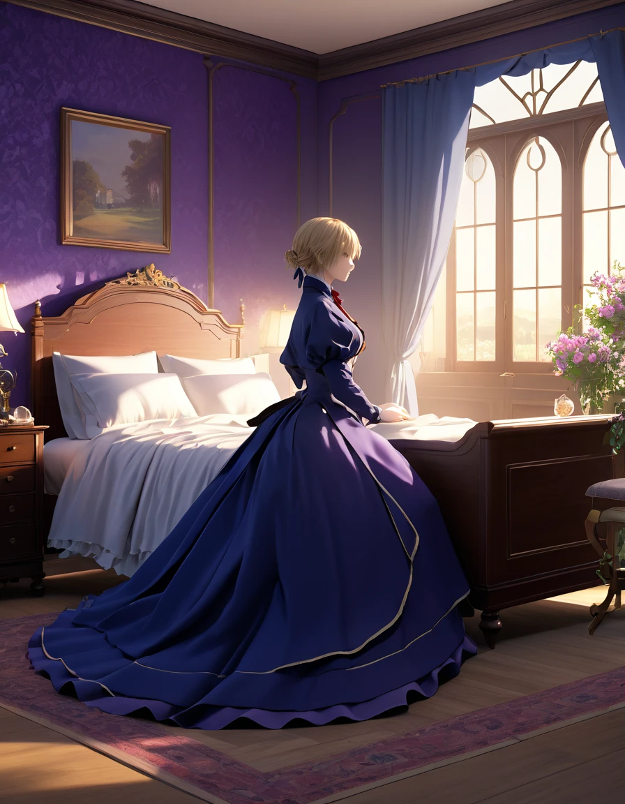 masterpiece, highest quality, (Highly detailed CG synthesis 8k wallpaper), (highest quality), (Best illustrations), (Best Shadow), (Stable Diffusion Model), Violet Evergarden, Sparkling, beautiful, victorian style bedroom, Dynamic Lighting, Depth of written boundary