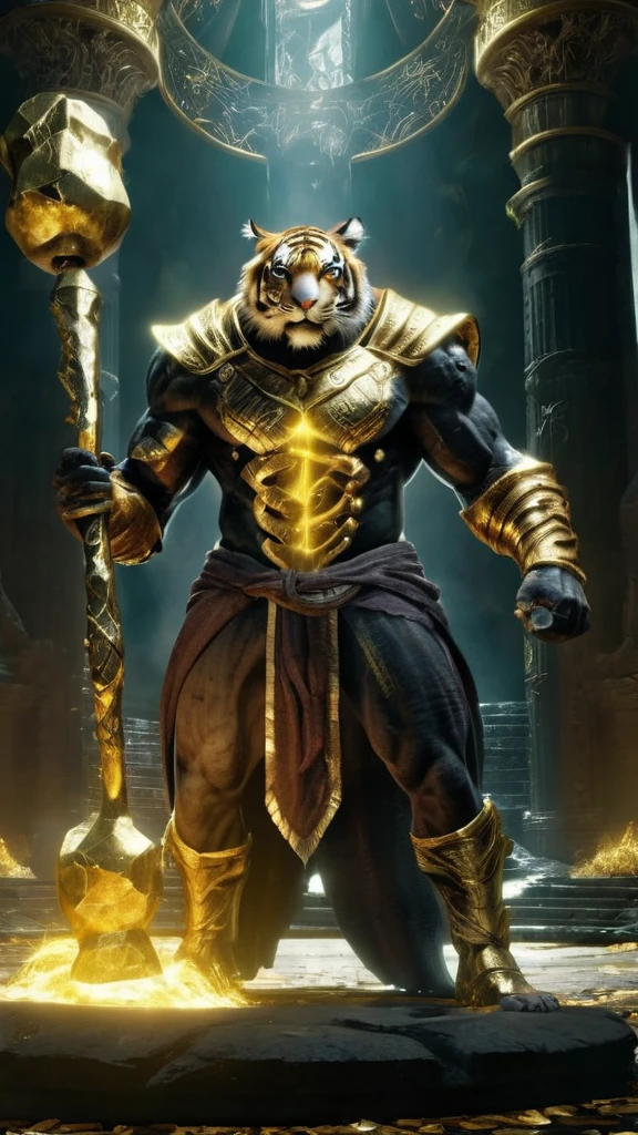 a tiger of the golden order,holding hammer,glowing effects,statue,animal,epic,gldnorderxl,realistic,masterpiece,awardwinning,128K UHD,pi, fBm ,sharp focus, wide angle lens, trending on artstation and deviantart, 