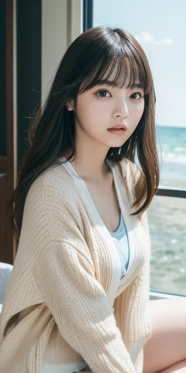 masterpiece, highest quality, 8k, 20th generation, Big Breasts, cute, alone, sad, cute, Girlish, cute、Delicate girl, Pure beauty,  RAW Photos, Professional photography, Portraiture, Soft Light, Professional Lighting, Backlight, Head to knee photo, avert your eyes, Sophisticated, Film Grain, (Round face、Young Face、Thin eyebrows、Thin lips:1.0), Floating Hair, beautiful, Flowing hair, bangs, White blouse、pastel cardigan、(Big Breasts:1.u can see the chest a little、Micro Mini Skirt、Voluptuous thighs、dolly make、Heterochromia iridis、Left and right eyes are different colors、Midsummer sky、Cumulonimbuidsummer Beach