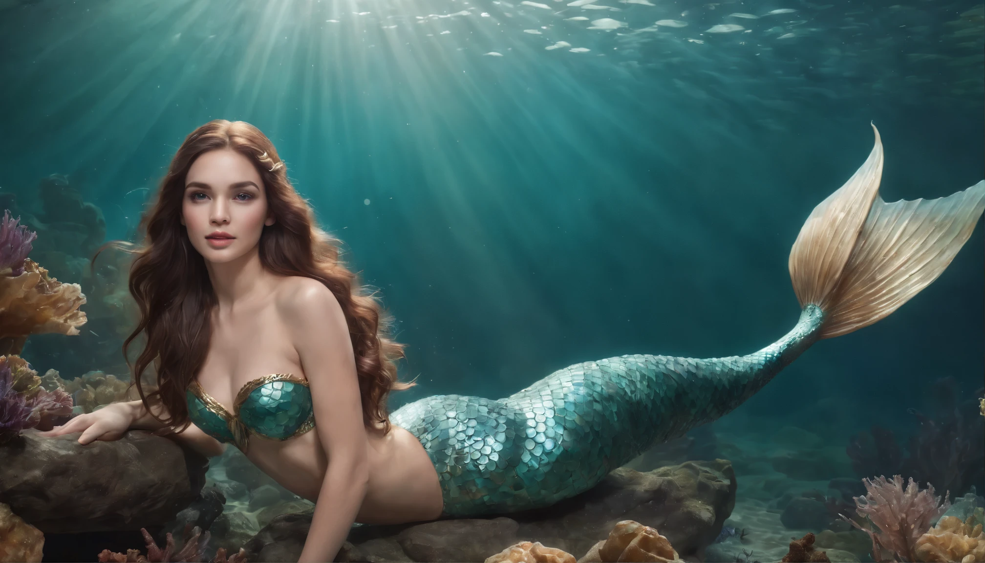 (professional 3d render:1.3) ((Mermaid swimming all body)) (Realistic:1.3) most beautiful artwork photo in the world,(((Brown hair))), (( Brown eyes)), brunette, Caucasians, ((long mermaid tail)), (((Detailed mermaid fins))), full bodyesbian, sport, Features: soft and shiny, ((Epic mermaid fantasy long hair in dynamic pose,Full tail, Fantastic location, Majestic cluttered environment)), Full body 8K unified rendering, action shot, skin pore, heavyshading, Detailed, Detailed face, (vibrant, photograph realistic, Realistic, Dramatic, Dark, Sharp focus, 8K), (fish scales:1.4), ((((Mermaid tail)))), (Intricate:1.4), decadent, (Highly detailed:1.4), Digital painting, rendering by octane, art stations, concept-art, smooth, Sharp focus, illustration, Art germ, (loish:0.23), (Global illumination, Studio light, volumettic light), Underwater, Ocean, lotr, fantasy, mermaid, ((Sea backgroun:1.3)),CGSesociety,art stations sirena en una fiesta