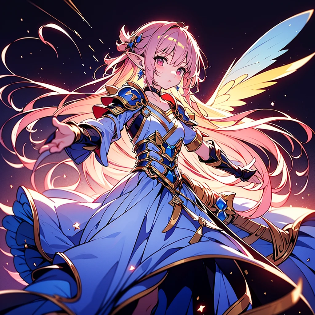 (Exquisite, beautiful, Very detailed, masterpiece, High resolution,high quality,High resolution), (Well-formed face,Soft and thin lines: 1.2, beautiful and delicate illustrations with a mature and transparent feel, Pixiv-style anime illustration,Cute pastel-colored girl-style illustrations that are a hot topic among Japanese people on Twitter),Dark Backgroundに, a brave and slightly scarred fairy princess knight is fighting with a two-handed sword imbued with the magic of Inflammation.,There is some dust and scratches on the whole body..,Inflammation,spark,whole body,From afar,beautiful, Transparent fairy wings growing from her back, Burn,Feeling ambitious,((Armored red dress with Inflammation motif,race, Jewels and frills)),(The ends of my hair look like Inflammation,Shiny hair tips),(Earrings,beautiful choker,Gold ankles),(dark pink cheeks,Plump pink lips,Pointy Ears,Fair skin, slim), (strict,Battle Scenes,Fantasy),mature,Serious atmosphere,Mastering Dark Magic,Dark Background