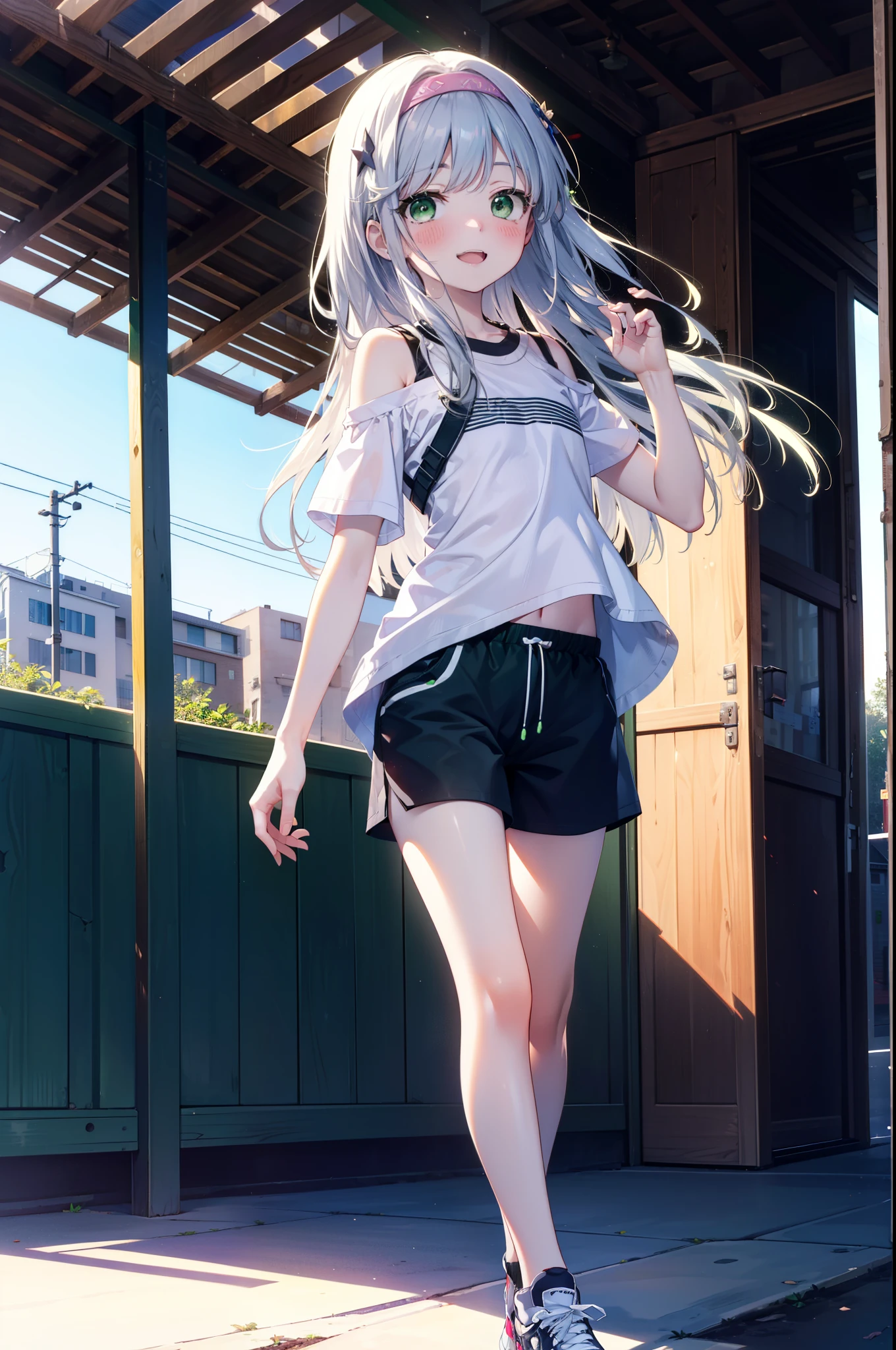 index, index, (Green Eyes:1.5), Silver Hair, Long Hair, (Flat Chest:1.2),happy smile, smile, Open your mouth,blush,hair band,Cordo shoulder top,Short sleeve,Shorts,Black tights,High-top sneakers,Daytime,Clear skies,whole bodyがイラストに入るように,Walking,
break looking at viewer, whole body,
break outdoors, In town,Building district,
break (masterpiece:1.2), highest quality, High resolution, unity 8k wallpaper, (figure:0.8), (Beautiful fine details:1.6), Highly detailed face, Perfect lighting, Highly detailed CG, (Perfect hands, Perfect Anatomy),