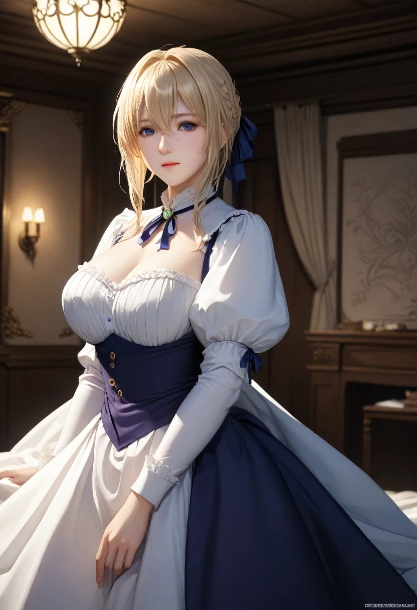 masterpiece, highest quality, (Highly detailed CG synthesis 8k wallpaper), (highest quality), (Best illustrations), (Best Shadow), (Stable Diffusion Model), Violet Evergarden, Sparkling, beautiful, victorian style bedroom, Dynamic Lighting, Depth of written boundary