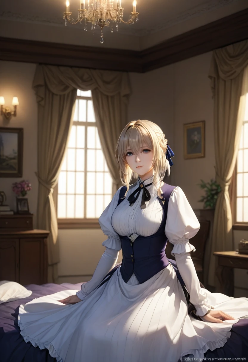 masterpiece, highest quality, (Highly detailed CG synthesis 8k wallpaper), (highest quality), (Best illustrations), (Best Shadow), (Stable Diffusion Model), Violet Evergarden, Sparkling, beautiful, victorian style bedroom, Dynamic Lighting, Depth of written boundary