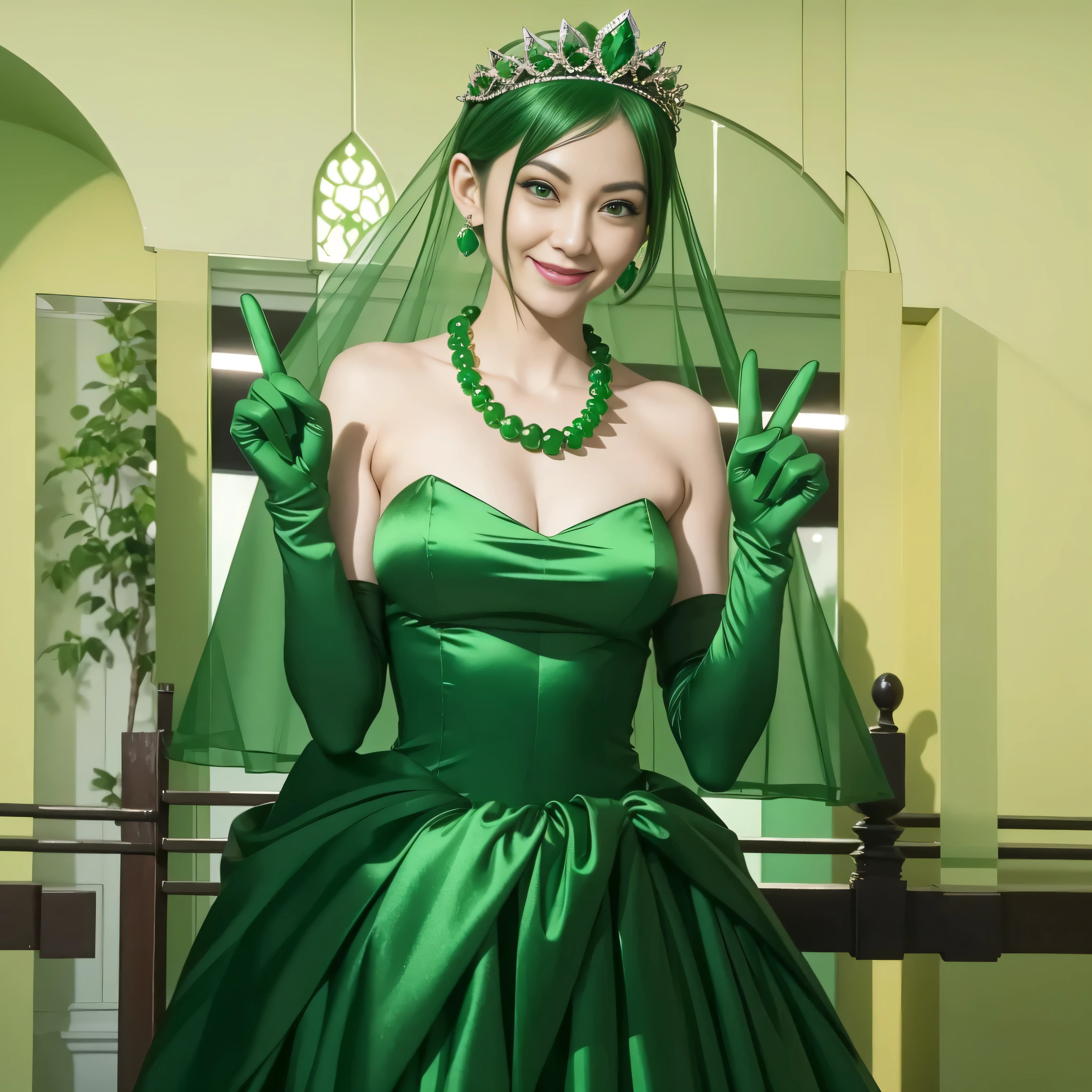 Emerald tiara, Green Pearl Necklace, Boyish very short green hair, lipstick, Smiling Japanese woman, Very short hair, Big and beautiful, Green Eyes, Long green satin gloves, Green Eyes, V sign, Emerald Earrings, Green veil, peace sign