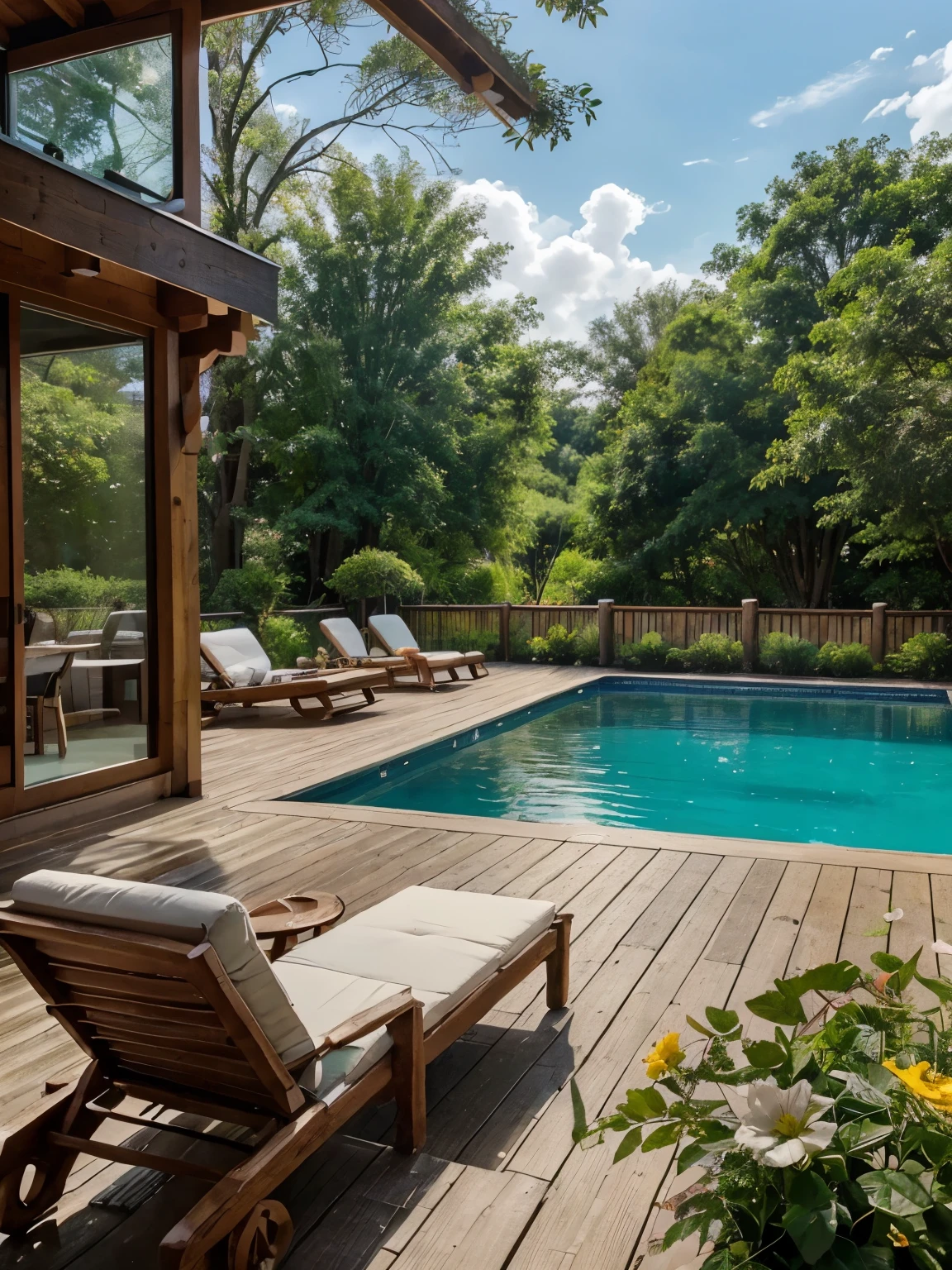 This image showcases a stunning log cabin retreat, exuding rustic charm and luxury. The two-story log cabin is constructed from robust timber logs, giving it a warm, inviting appearance. Its design features expansive windows that allow natural light to flood the interior and provide breathtaking views of the surrounding landscape. The cabin is adorned with colorful flower baskets hanging from the balcony railings, adding a touch of vibrant beauty.

In the foreground, a pristine swimming pool with crystal-clear blue water serves as the centerpiece of the outdoor area. The pool is surrounded by a well-maintained wooden deck, furnished with several comfortable lounge chairs, perfect for relaxation. Each chair is equipped with neatly placed towels, enhancing the sense of order and readiness for guests.

The outdoor space is meticulously landscaped with a variety of potted plants and flowers, contributing to the serene ambiance. A cozy seating area featuring wooden furniture is situated near the pool, offering an ideal spot for outdoor dining or social gatherings.

The backdrop of the image reveals lush green trees and a clear blue sky dotted with white clouds, further emphasizing the tranquility and natural beauty of this idyllic setting. The overall composition of the image, with its vibrant colors and high level of detail, captures the essence of a luxurious and peaceful countryside escape.