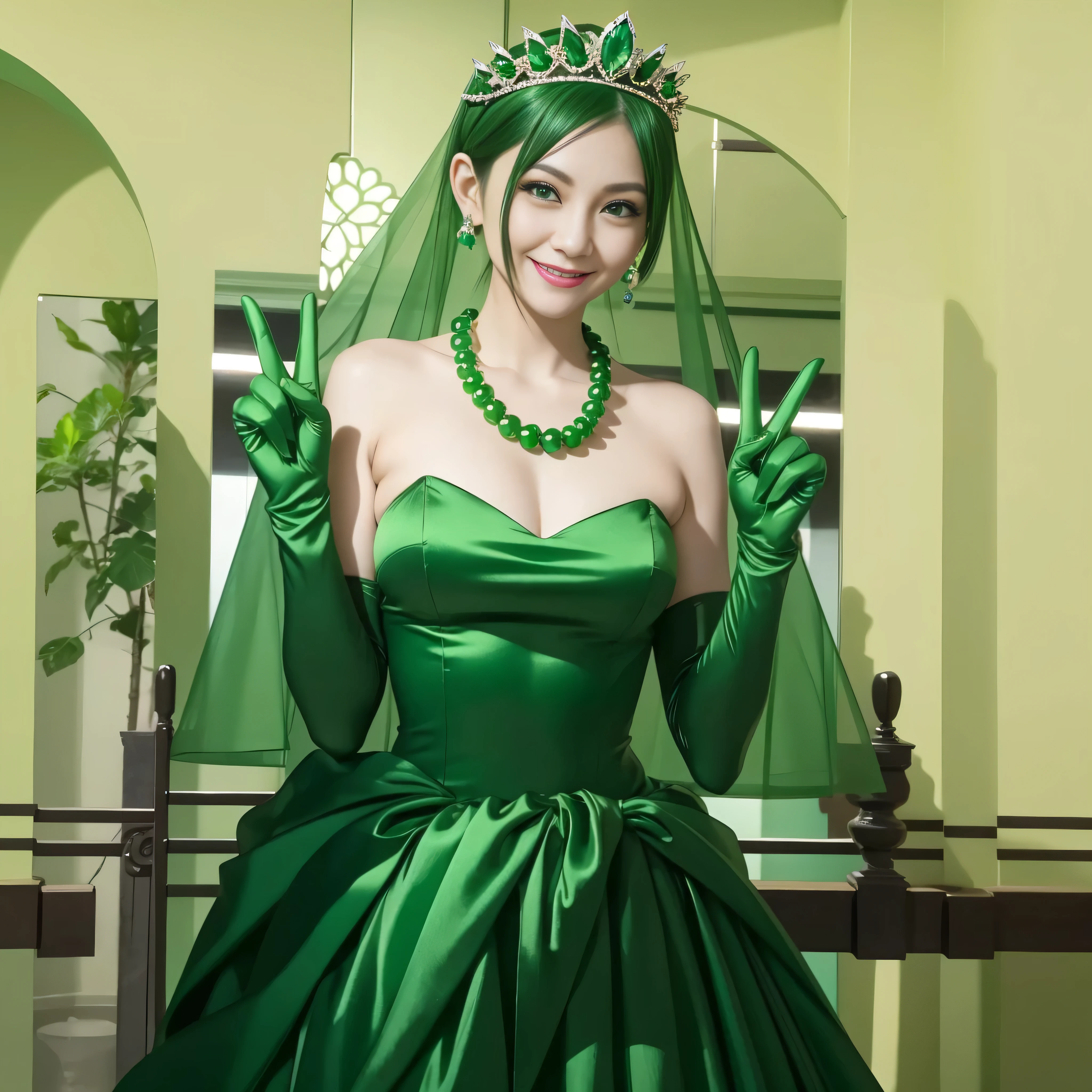 Emerald tiara, Green Pearl Necklace, Boyish very short green hair, lipstick, Smiling Japanese woman, Very short hair, Big and beautiful, Green Eyes, Long green satin gloves, Green Eyes, V sign, Emerald Earrings, Green veil, peace sign