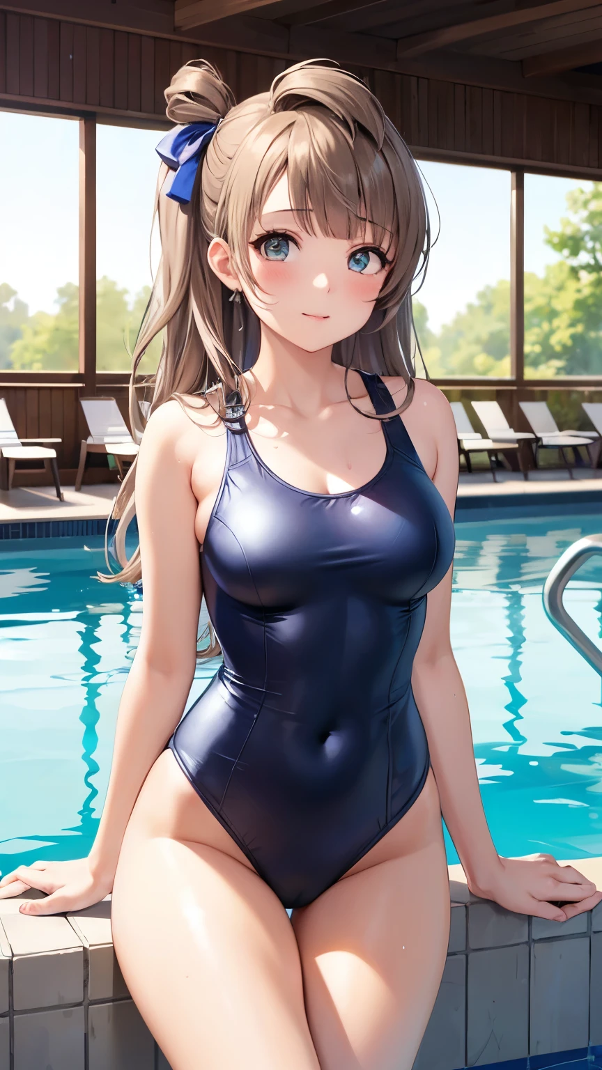 1girl, solo, Minami Kotori, One side up, Hair Ribbon, masterpiece, top quality, high resolution, unity 8k wall paper, illustration, detailed eyes, extra detailed face, Highly detailed CG, glossy lips, light makeup, blush, one-piece swimsuit, collarbone, indoor pool