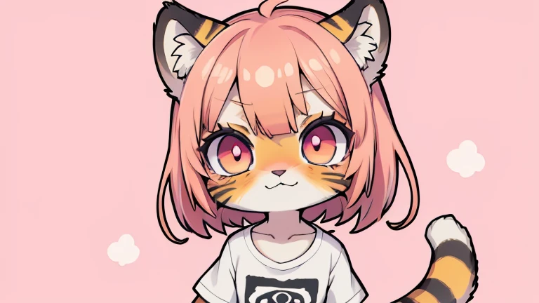 (obra maestra, Alta calidad, mejor calidad, 8K, high resolution), ((estilo chibii, Chibi lindo)), (solo, 1 girl), {Tiger Girl, cara de tigre, 2 colmillos, long eyelashes, delineador de ojos} {bigotes de tigre}, (((Piel de tigre por todo el cuerpo., Rayas de tigre en el cuerpo.))), (pelo naranja), cabello corto, Pinza para el cabello, [[Pinza para el cabello white flower on hair]], ((Muy feliz)), ((boca abierta)), ojos naranjas, [pupilas negras], ((buscando)), (very small breasts), brazos delgados, (un brazo arriba, un brazo hacia abajo), axilas, ((mini camiseta rosa, camiseta rosa completa)), {shorts blancos}, {{{mini cola de tigre, Cola en la espalda}}}, (cuerpo completo), (((de pie, jump angle))), dynamic pose, Fondo blanco, fondo sencillo, ((((Estilo Tora-chan no Hanayome)))), (old anime style 40s), estilo animado, anime color.